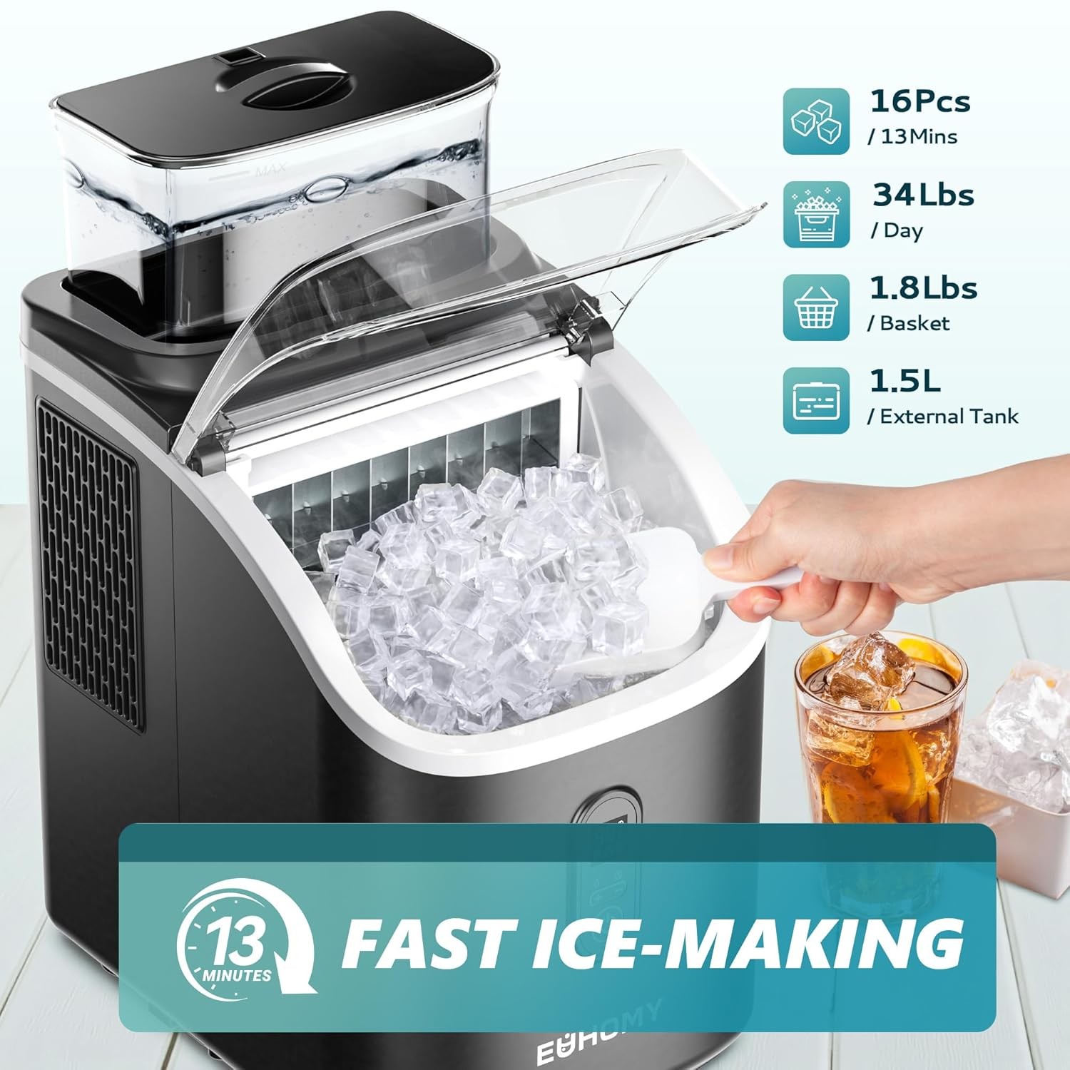 Euhomy Ice Cube Maker 34Lbs Countertop w/ Water Tank, Auto-Clean, Scoop & Basket