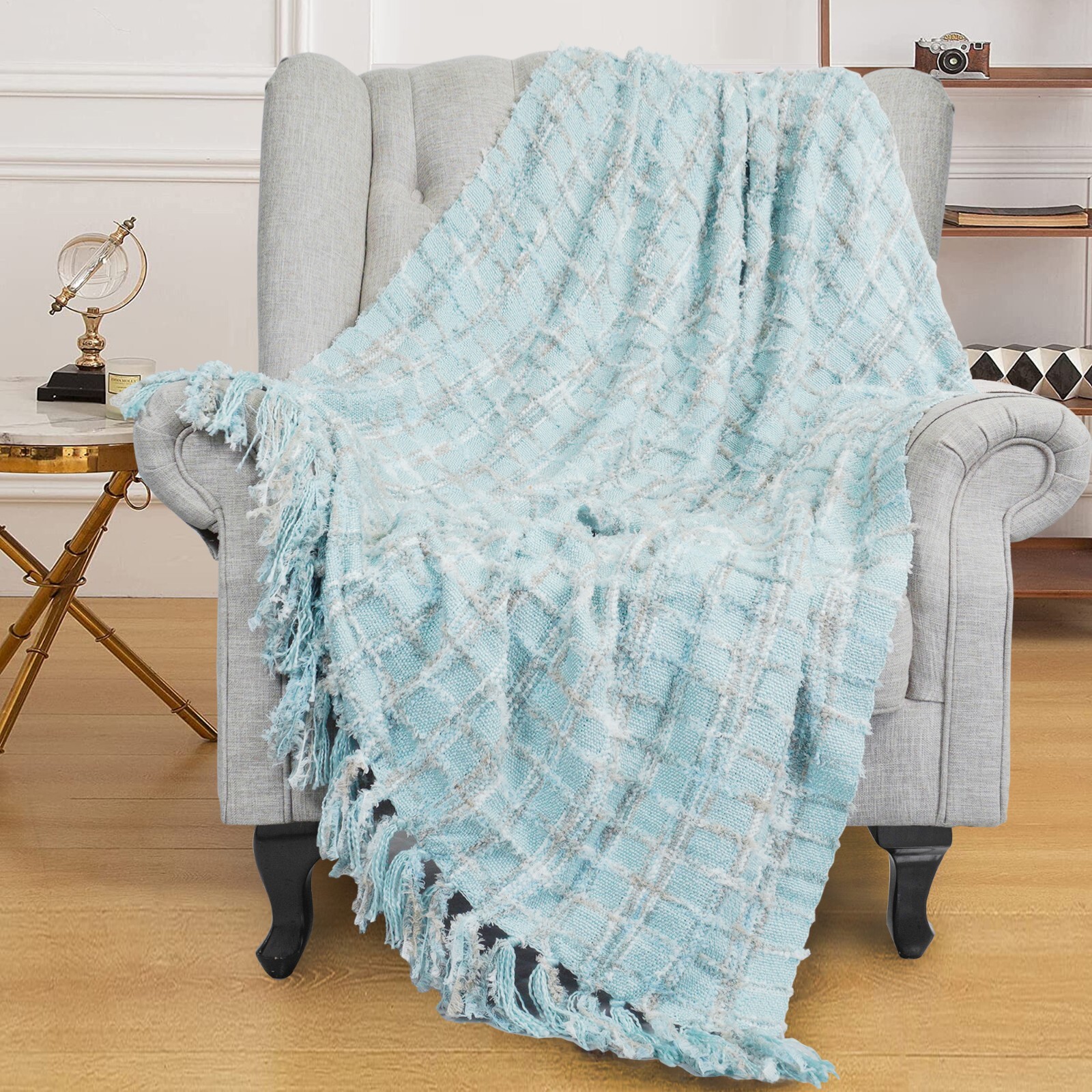 Boho Multi-Color Chenille Knitted Throw Blanket with Decorative Tassels Gift
