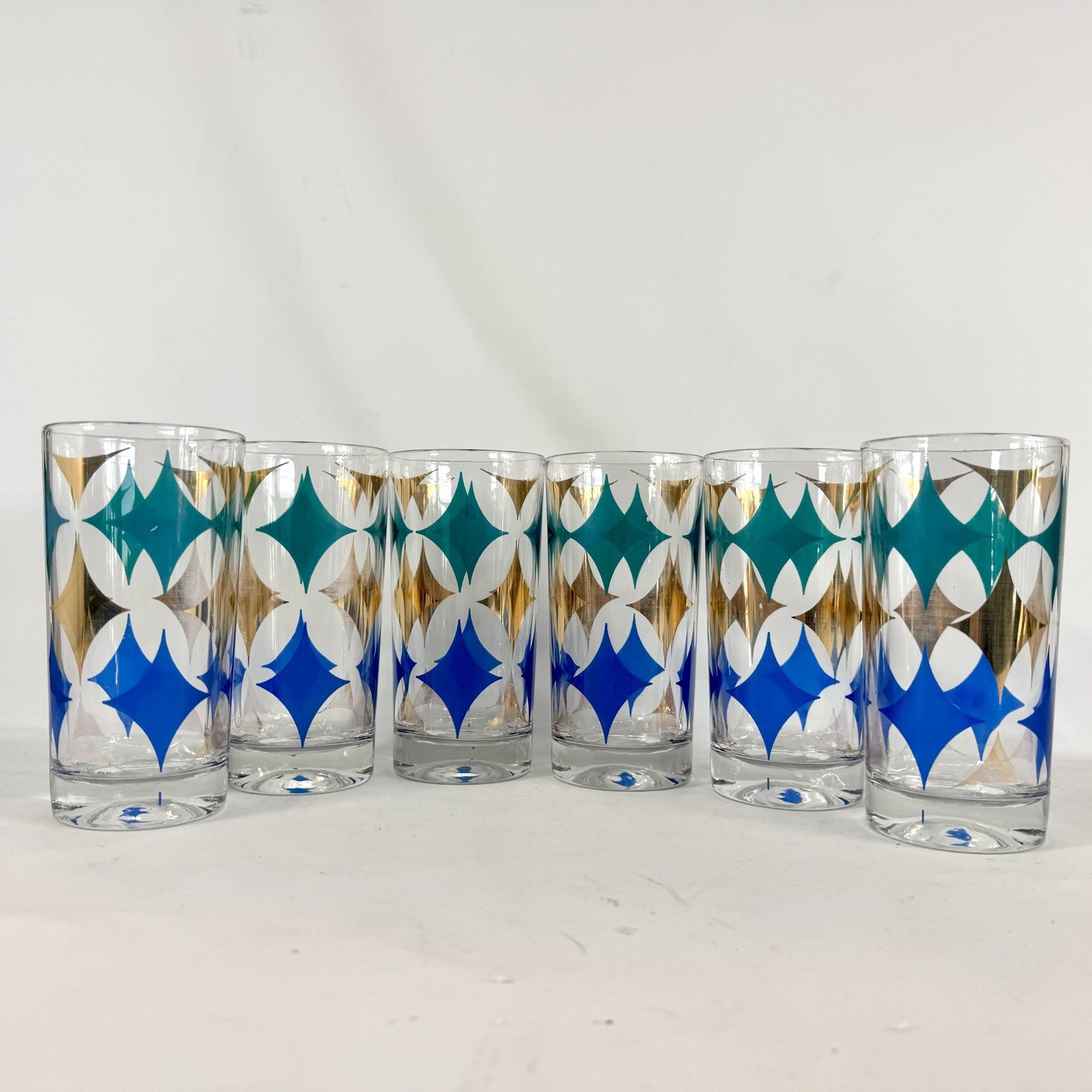 Vintage Hazel Atlas Diamond Green Blue Gold Geometric Atomic Glasses MCM x6