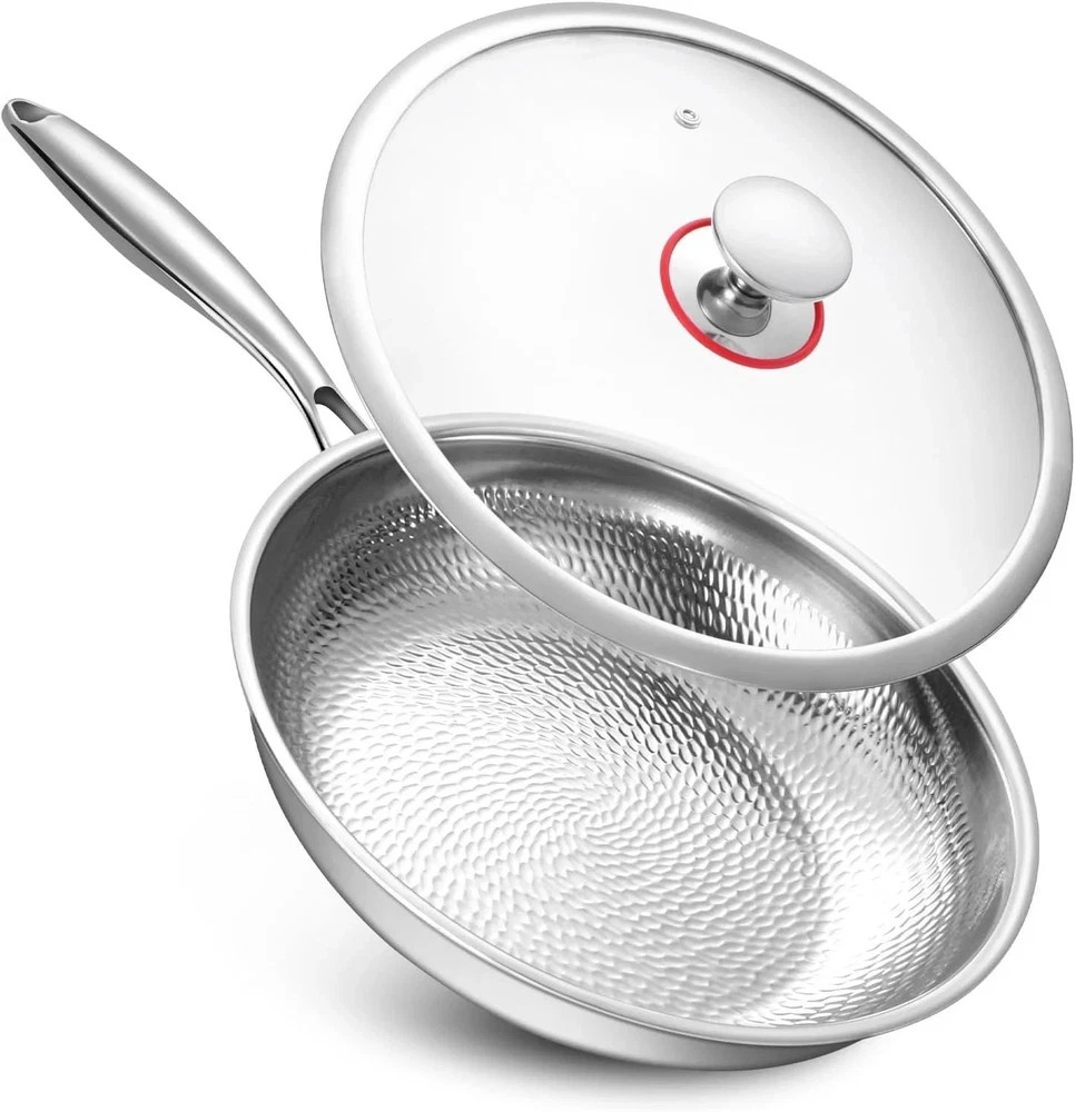 Pure Titanium Hammered Frying Pan with Lid, 12 Inch Skillet, No Coating Cookw…
