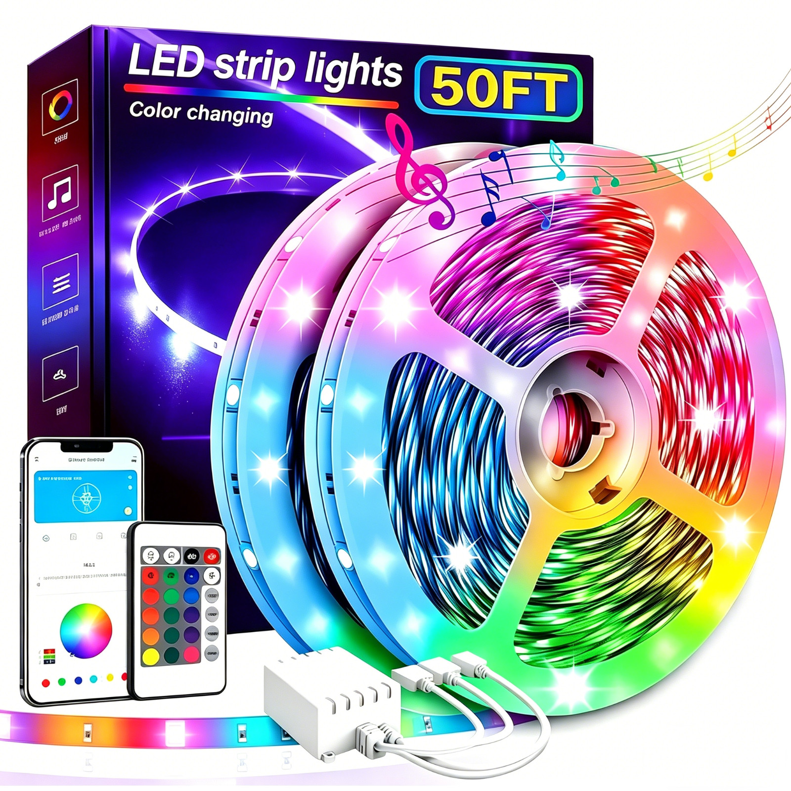 50FT Waterproof LED Strip Lights, APP & Voice Control, RGB Outdoor Indoor Lights