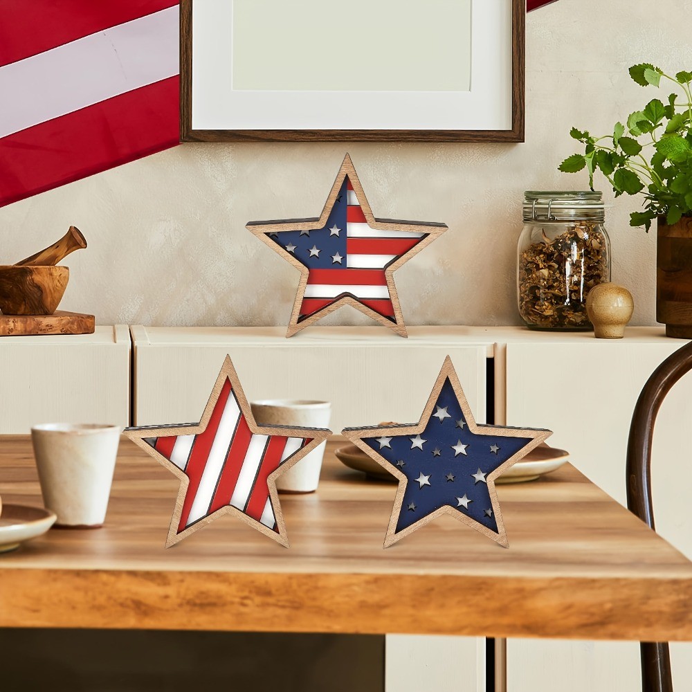 3Pcs Patriotic Wooden Star Decor American Flag Tabletop Ornament for 4th of July