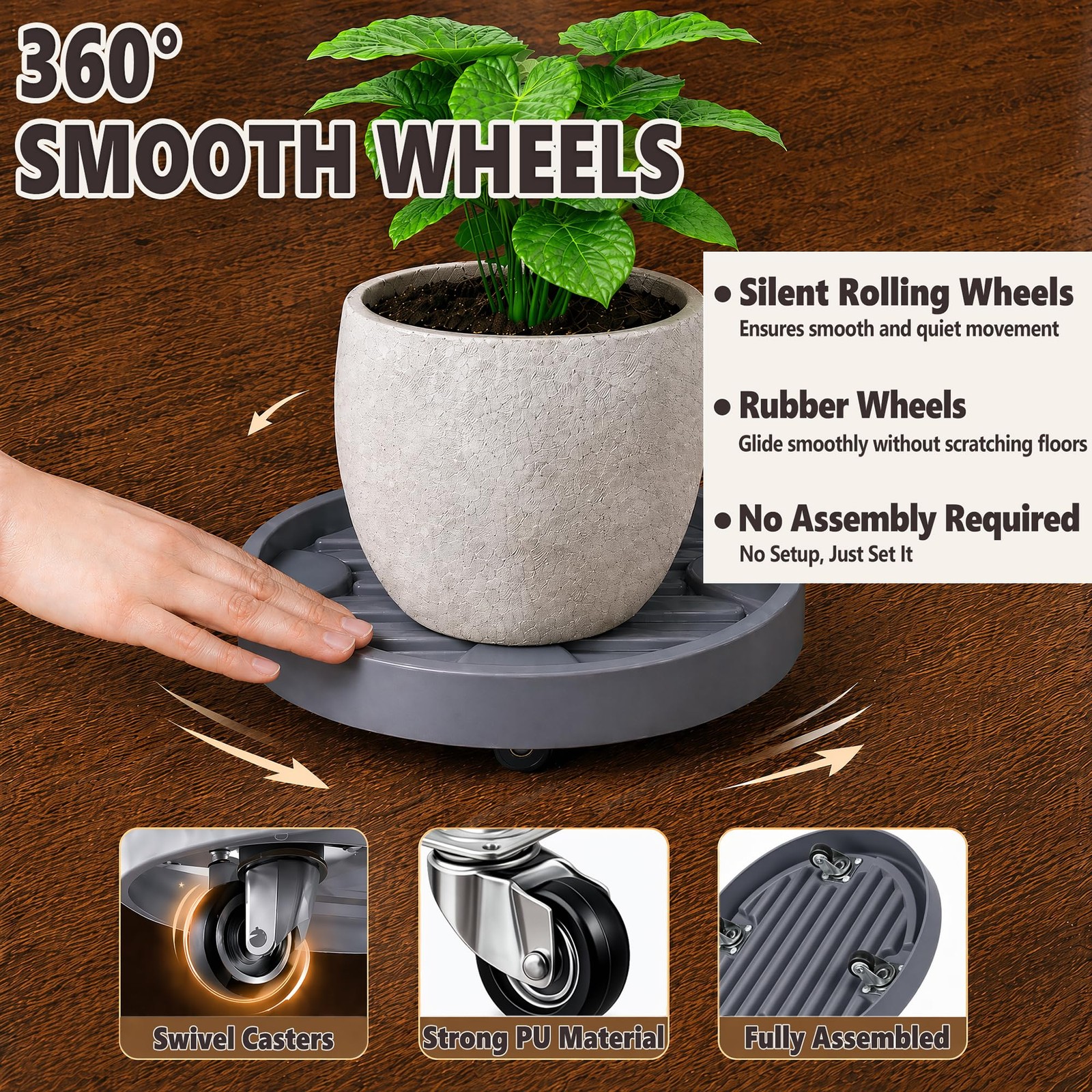 2Pack Gray 9.8 In Plant Caddy Hidden Wheels Rolling Stand Casters Dolly