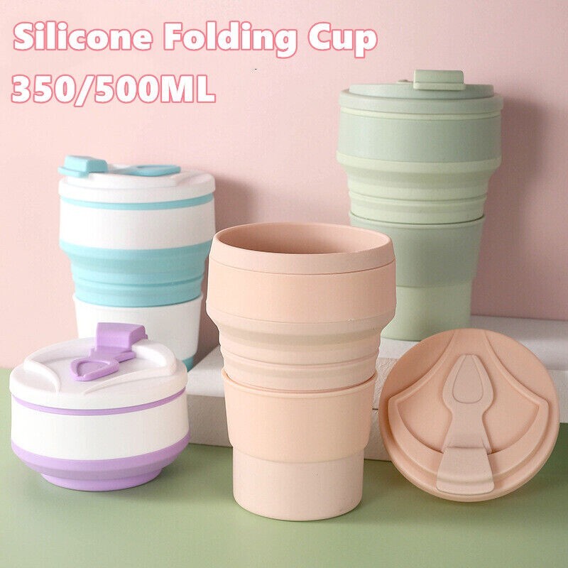 Silicone Folding Cup Collapsible Mug Portable with Cover Coffee Travel Outdoors