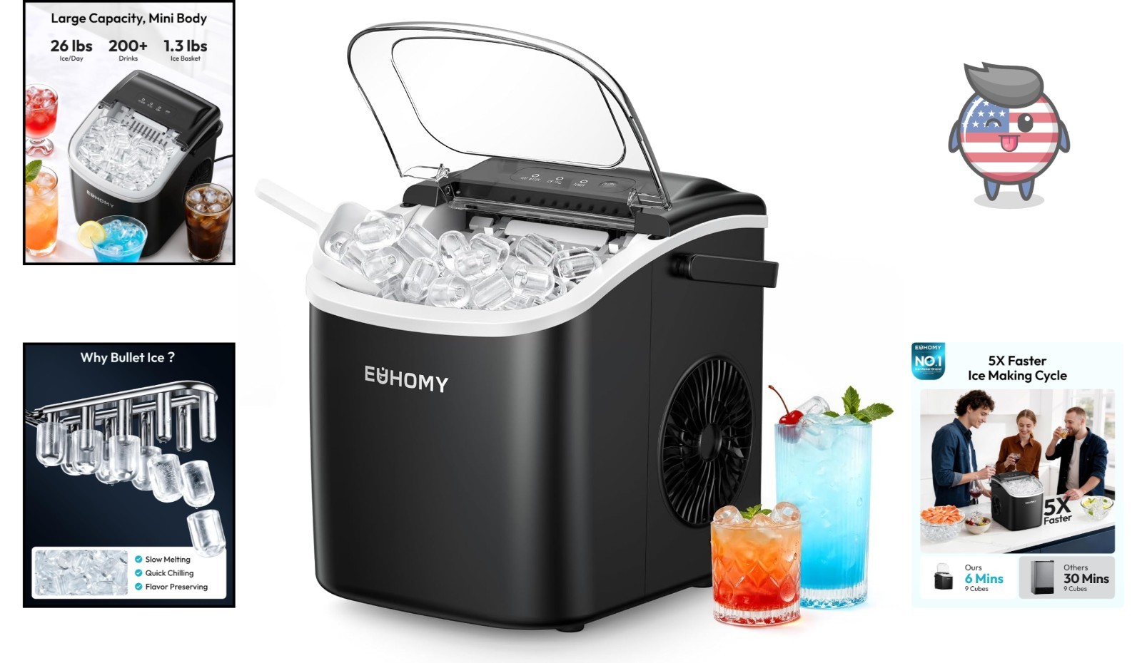 Compact Black Ice Maker – 26 lbs Daily, Perfect for Home, Kitchen & Camping