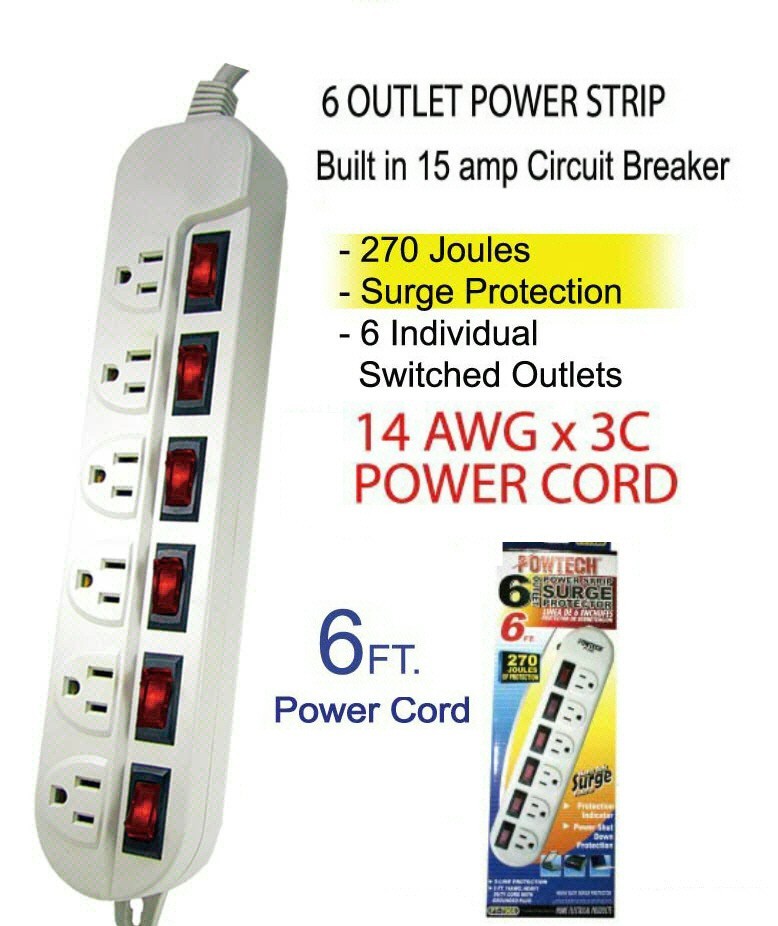 6 Outlet Surge Protected Power Strip with Individually Switched ON/OFF Outlets