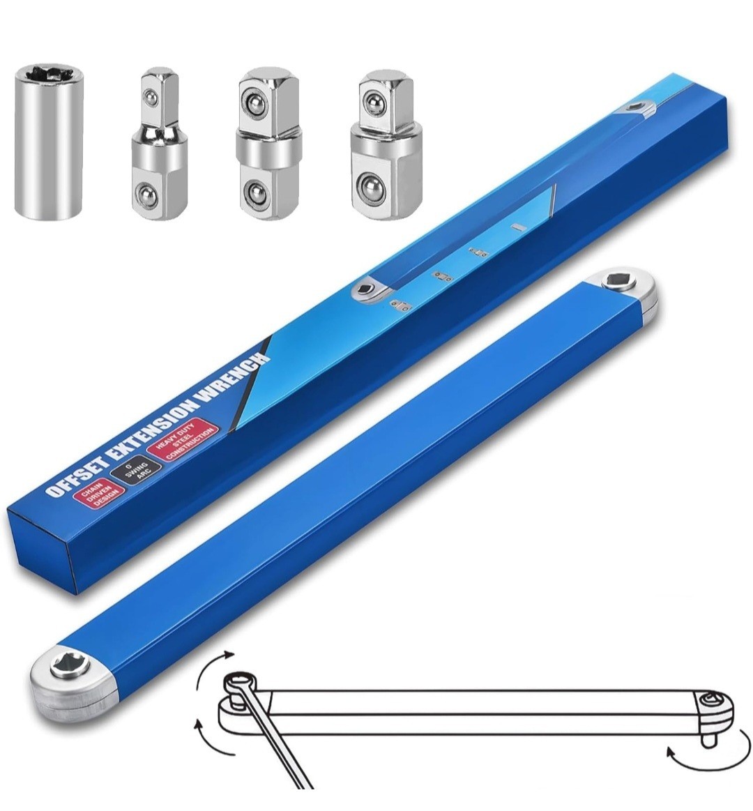 Offset Extension Wrench Set 15.4in Blue 5pc w/ 3 Adapters & 1/4in Socket