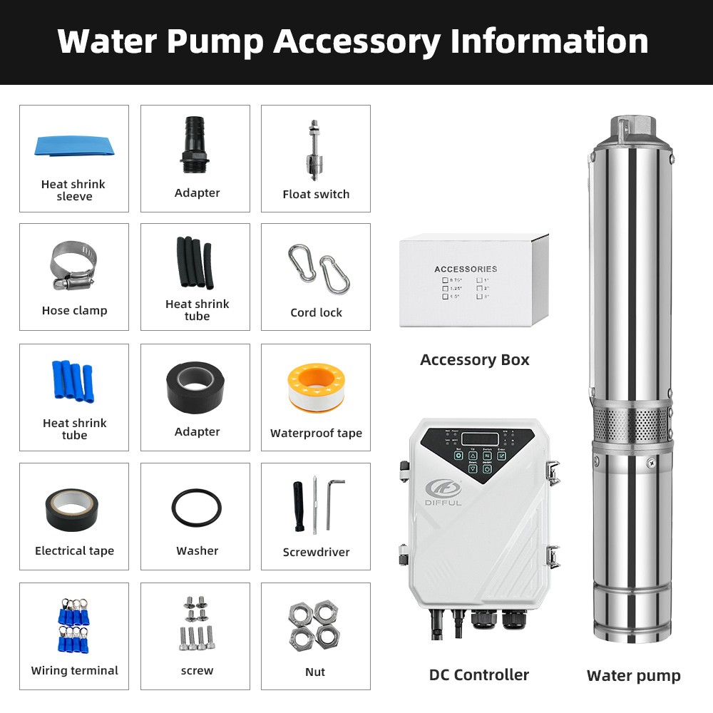 US STOCK DIFFUL 3″ 24V Solar Submersible Pump 0.4HP 15GPM 114FT Head Brushless
