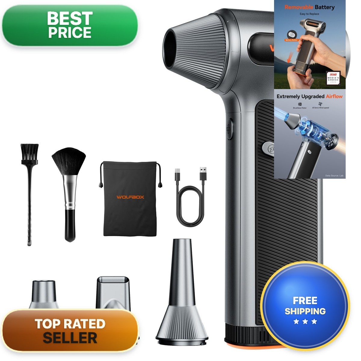 WOLFBOX MF200 PROMAX Compressed Air Duster, Removable Battery, Car Cleaning