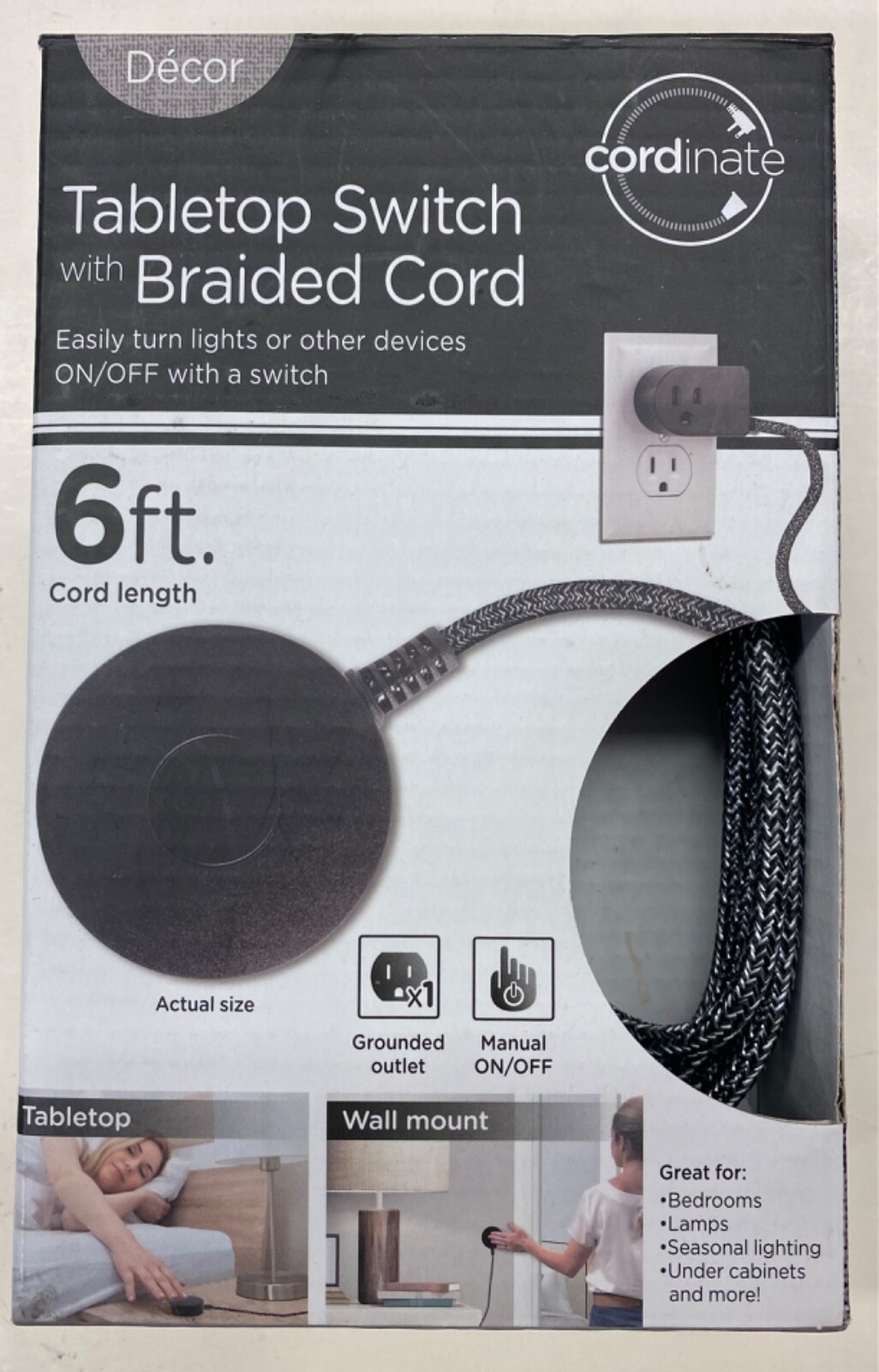 Decor Cordinate Tabletop Wall Mount Switch Plug w/ Braided Cord Black/White NEW