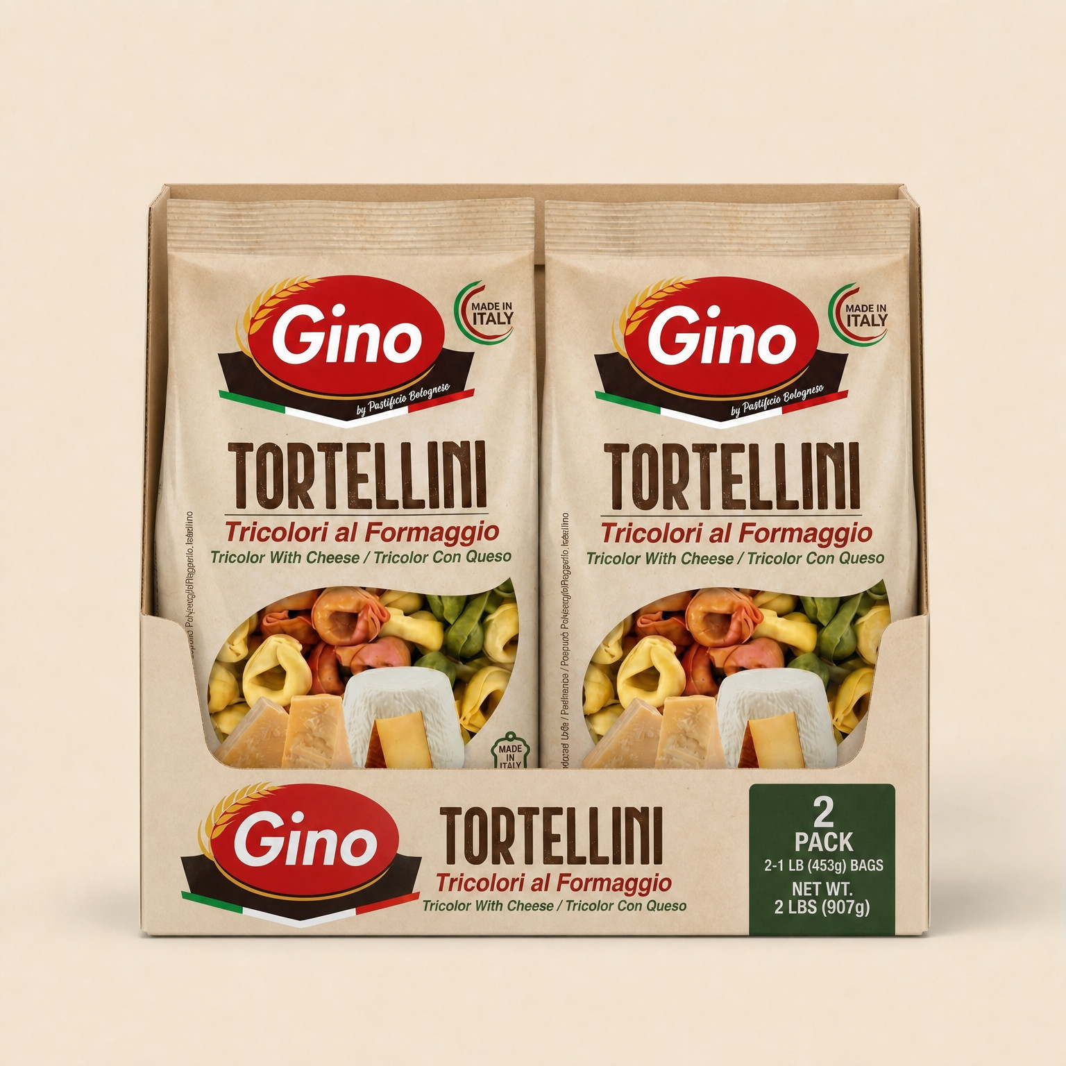 Tricolor Three Cheese Tortellini Pasta 1 lb Made in Italy Non-GMO Stuffed Pasta