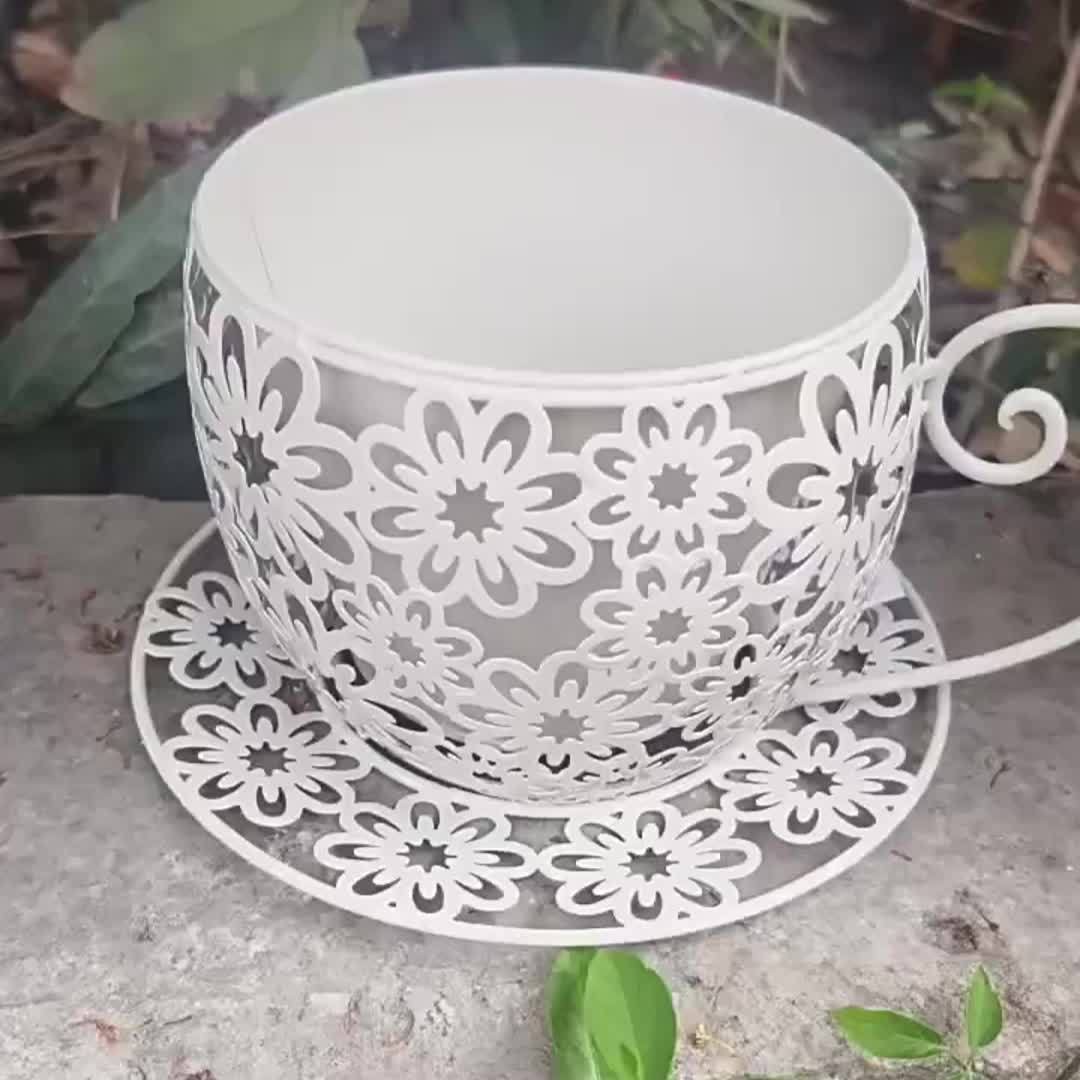 Rustic Iron Art Coffee Cup Flower Pot – Lightweight Circular Metal Planter