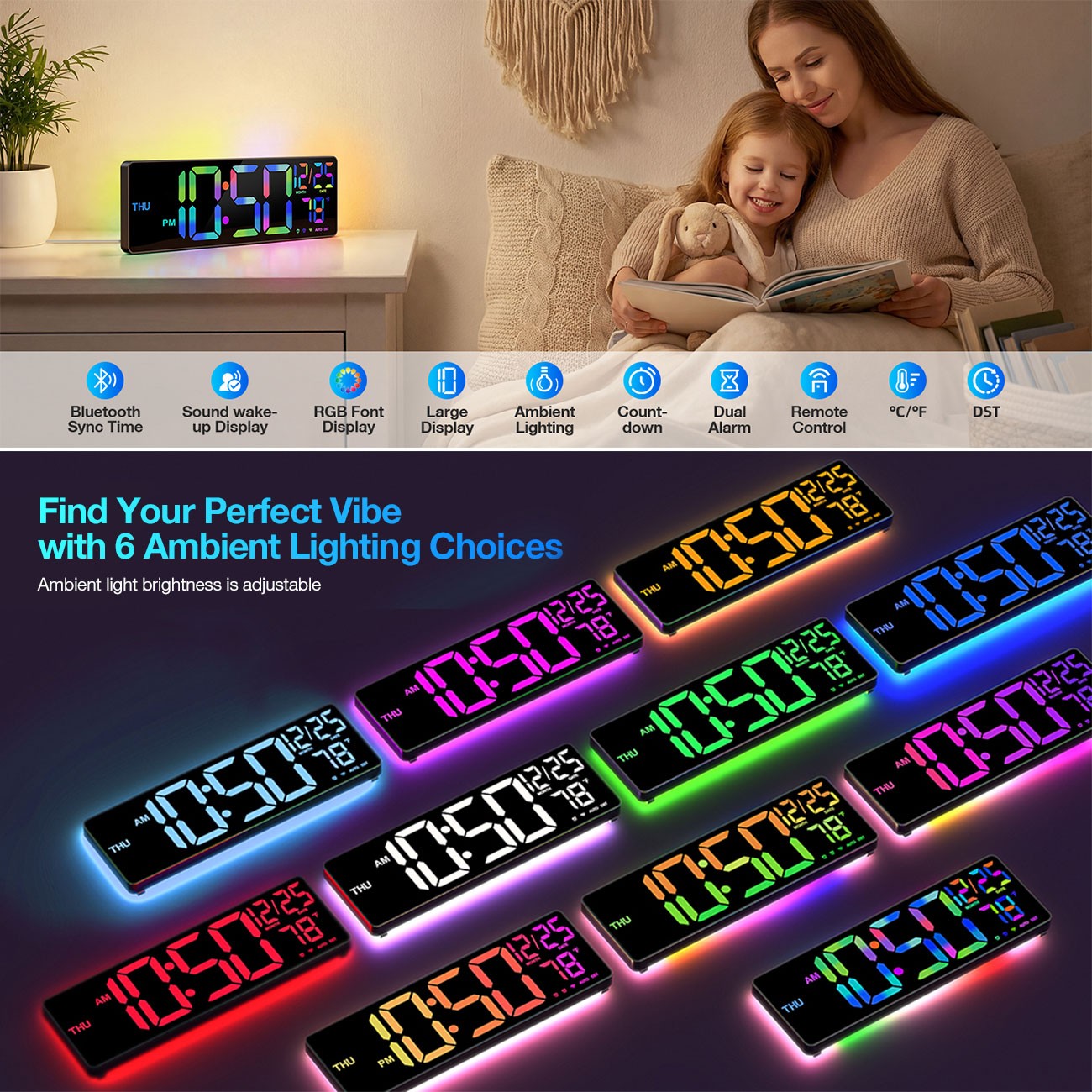 16” Large Digital LED Wall Clock with Remote Control Dual Alarm 8 RGB Bluetooth