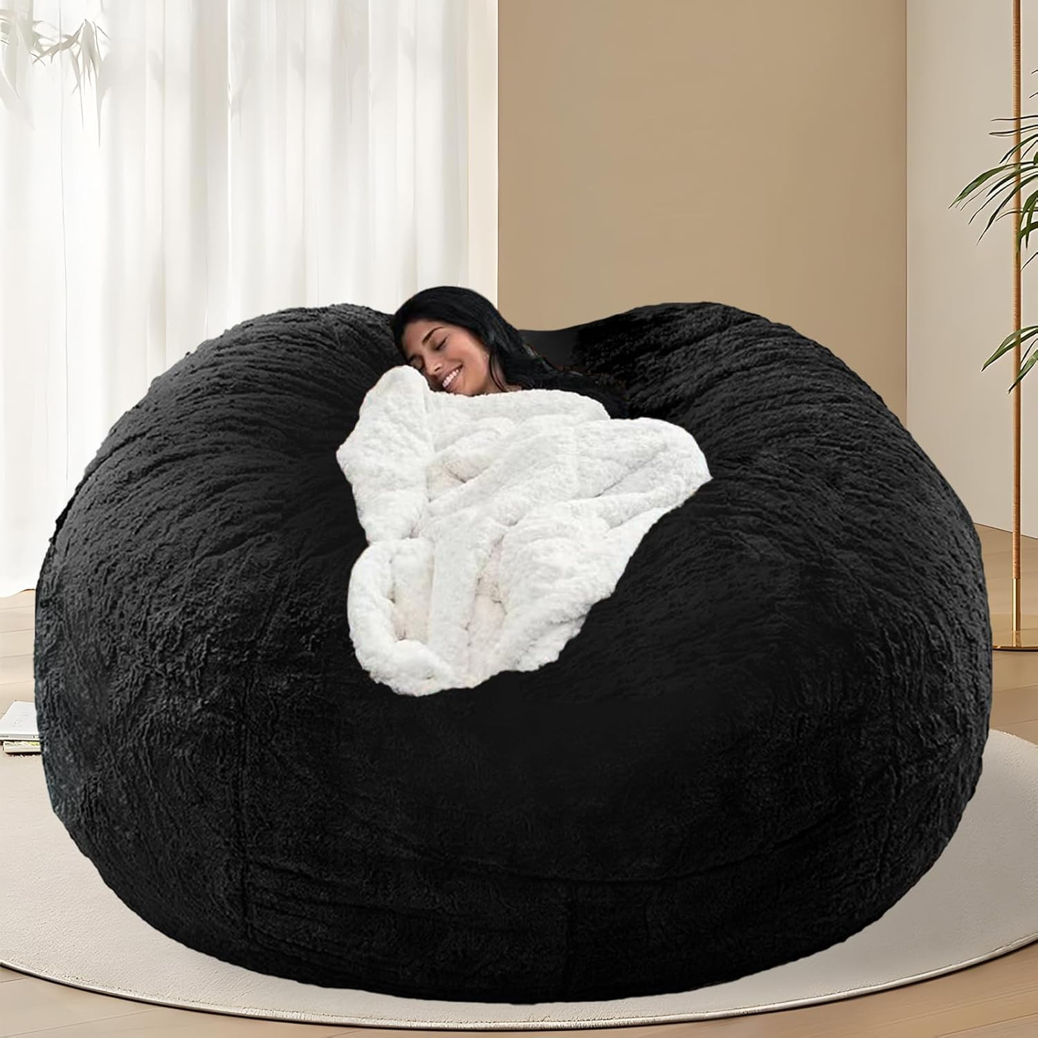 7FT Big Joe Bean Bag Chair for Adults & Kids – Black Stuffed Animal Storage
