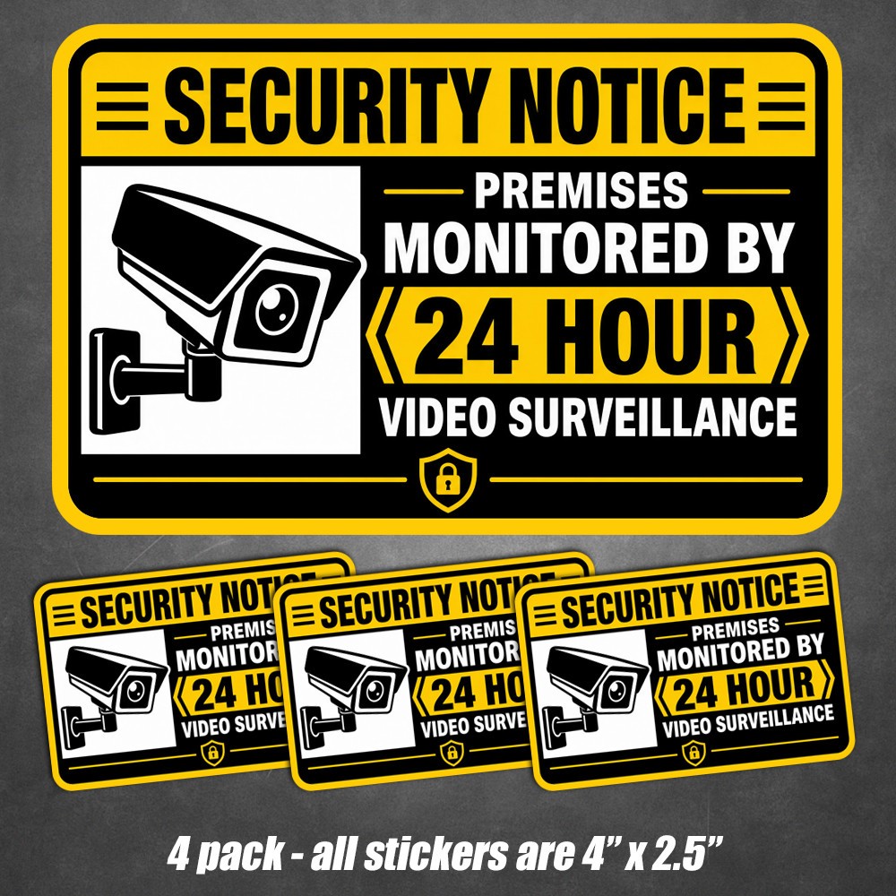 4-Pack Security Camera Notice 24 Hour Video Surveillance Stickers Vinyl Decals