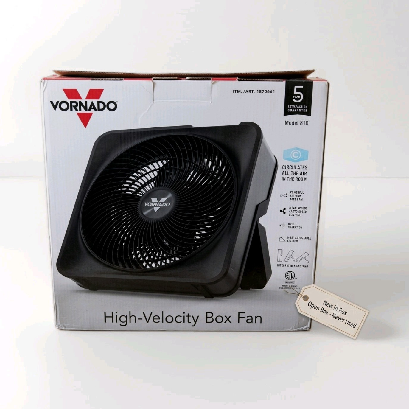 Vornado 810 High-Velocity Box Fan Black 3-Speed Adjustable Tilt Head Corded