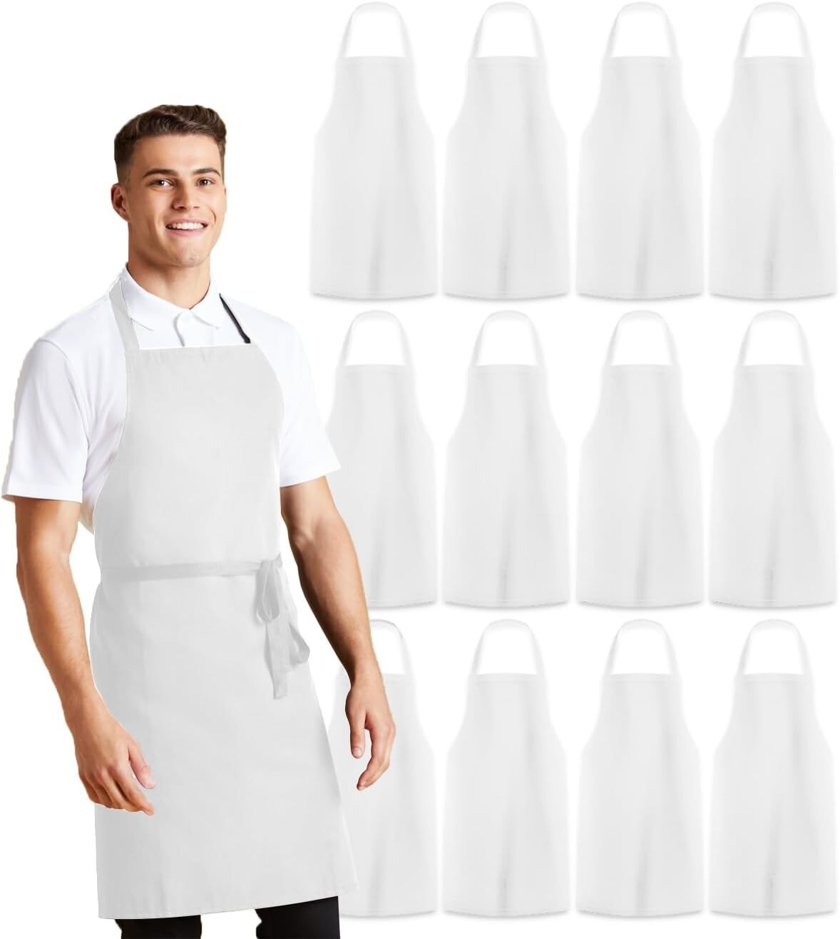 12 pc/1dz White Unisex Bib Aprons -100% Polyester Chef Apron Cooking