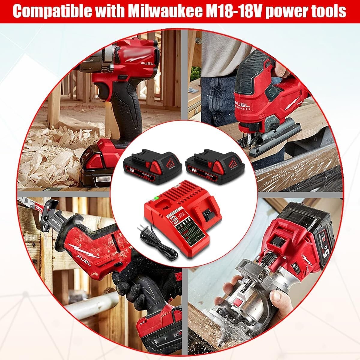 BatPower 18V 4Ah 2X Battery & Charger Compatible with Milwaukee M-18 48-11-1815