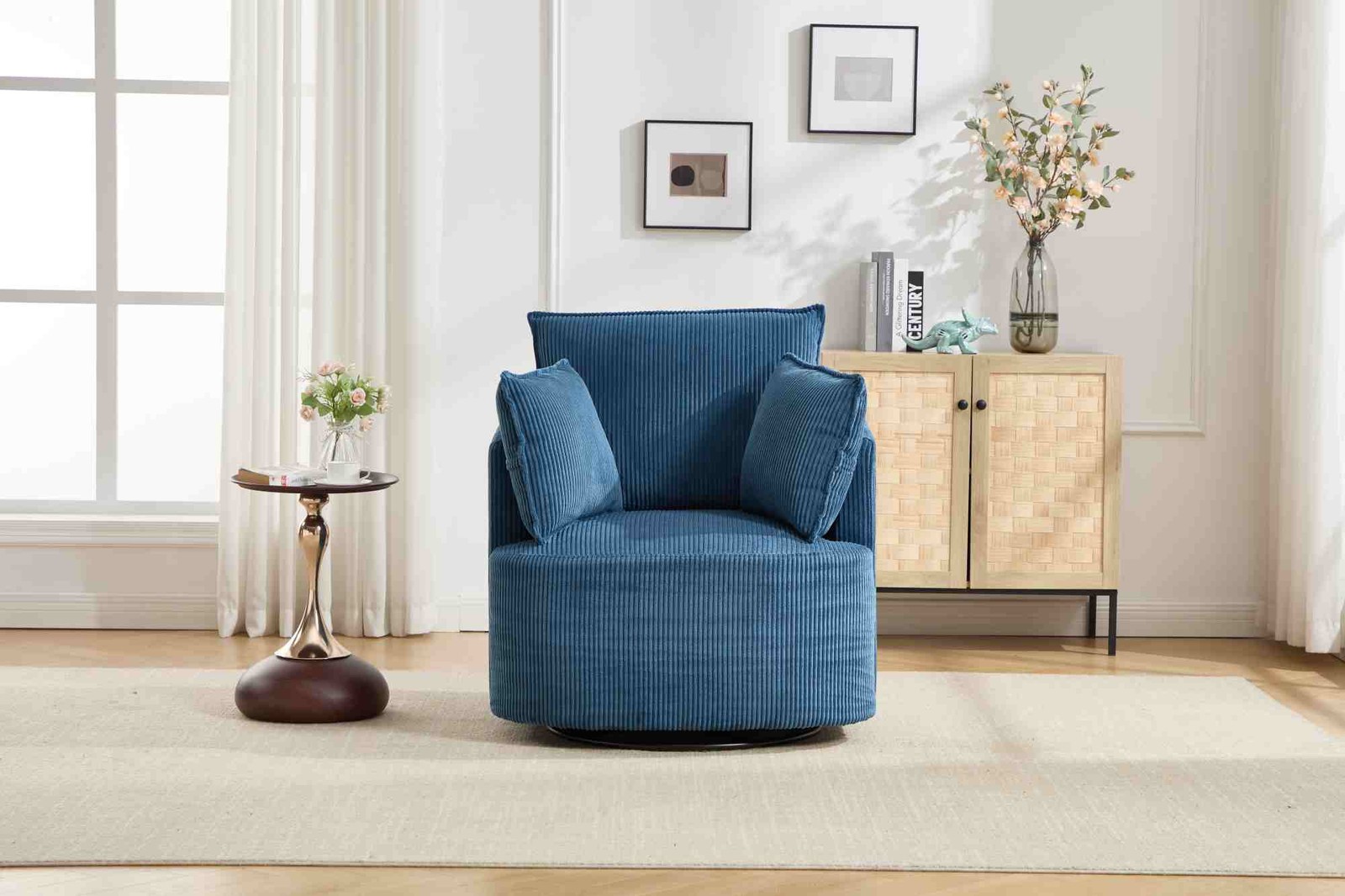 Round bucket swivel chair, rotating base, solid wood frame, arc-shaped backrest