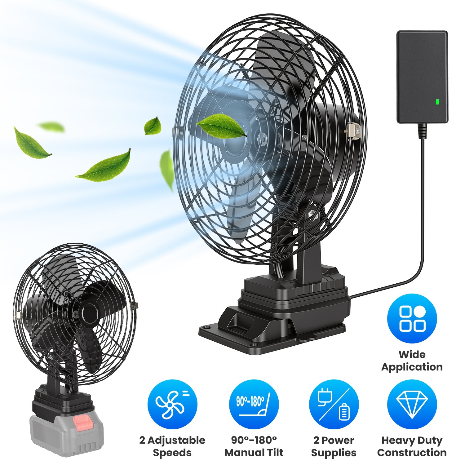 9.06in Cordless Jobsite Fan Workshop Fan 2Speeds Fan Outdoor Working Cooling Fan