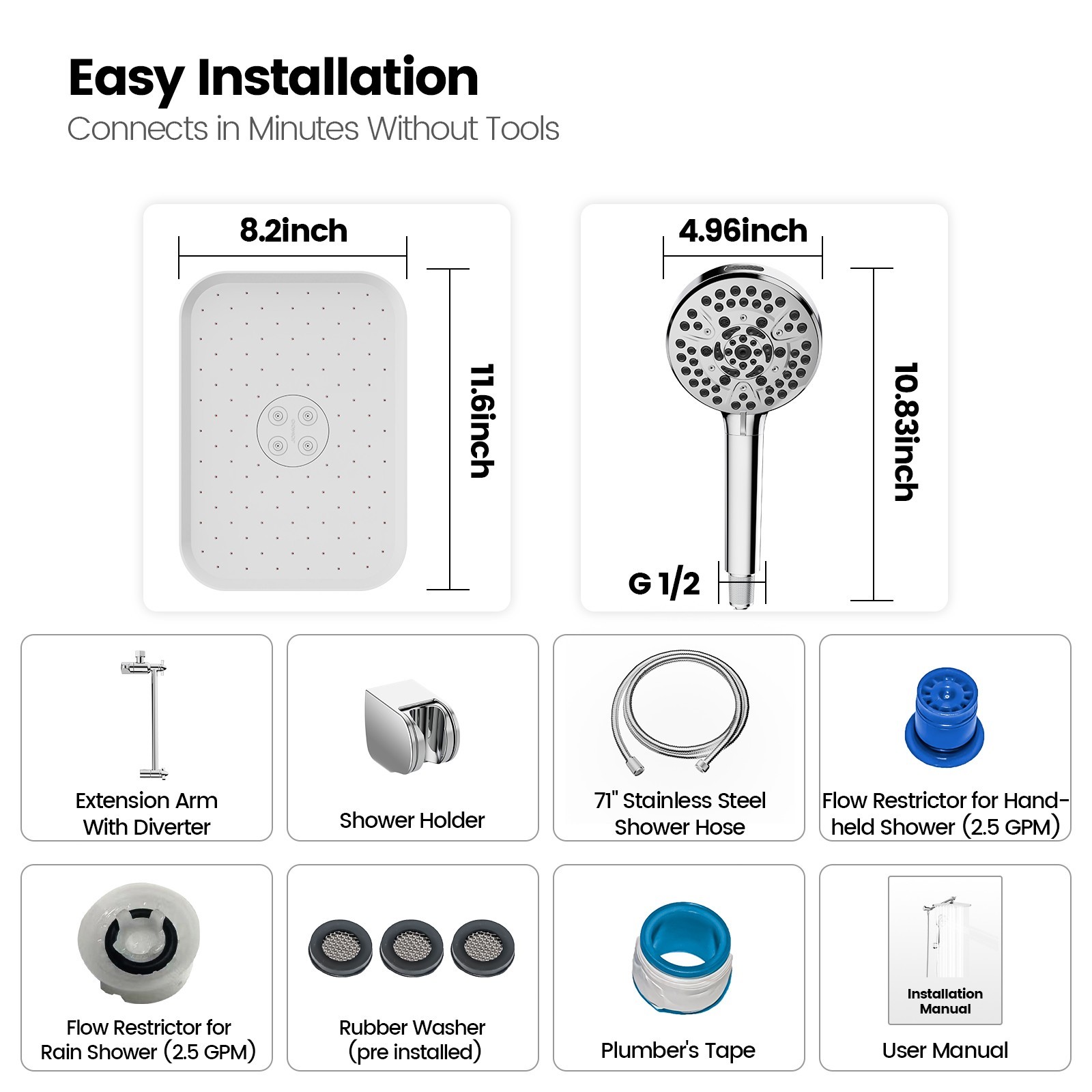 JOMOO Filtered High Pressure Shower Head Combo 10 Spray 12″ Rainfall