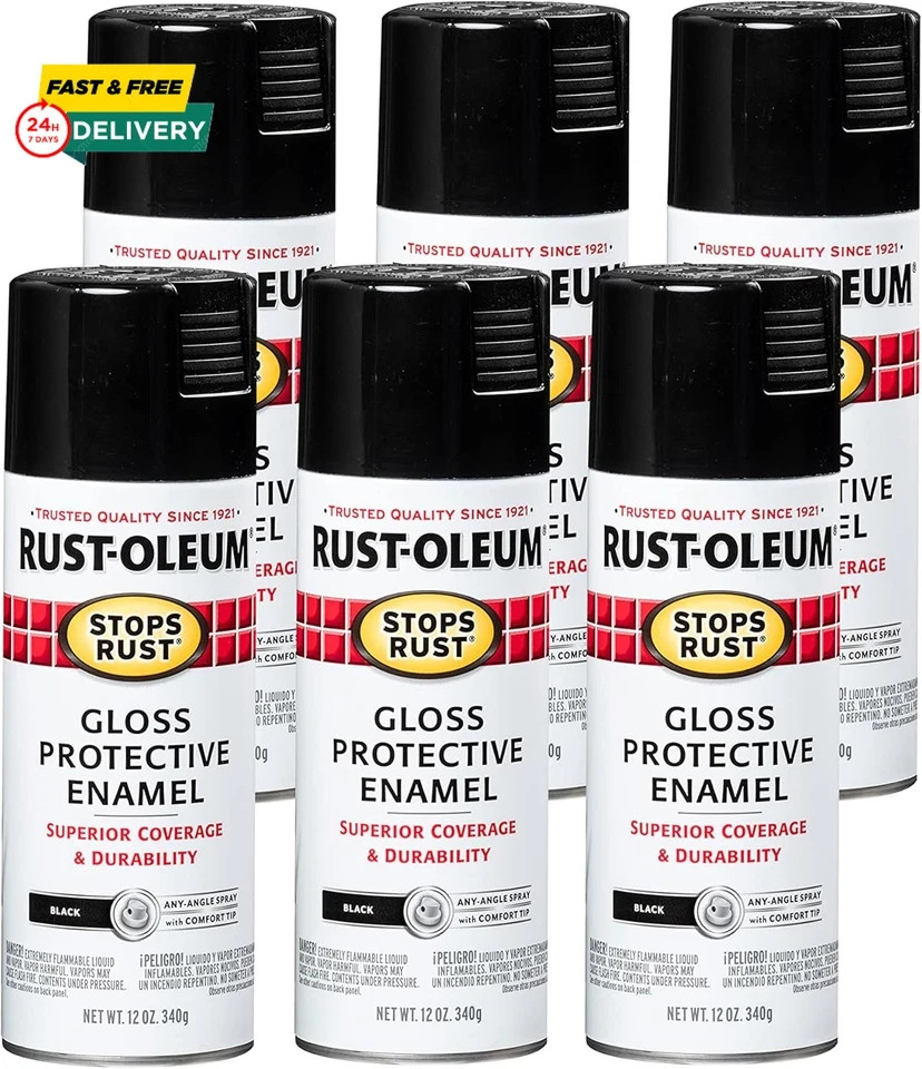Rust-Oleum 7779830-6PK Stops Rust Spray Paint, 12 Oz, Gloss Black, 6 Pack