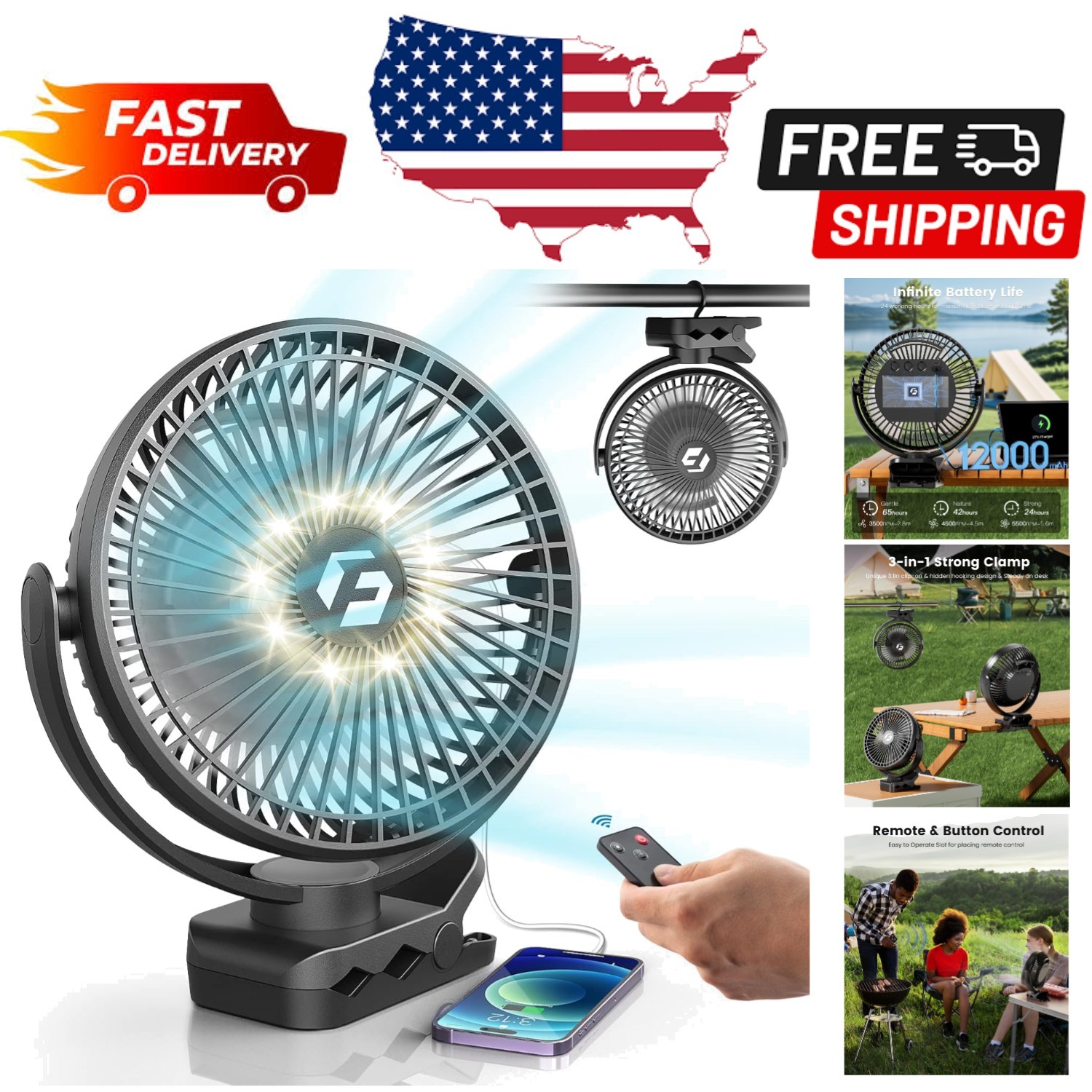 Portable 12000mAh Clip-On Fan – Three Speed, Quiet Design for Indoor & Outdoor
