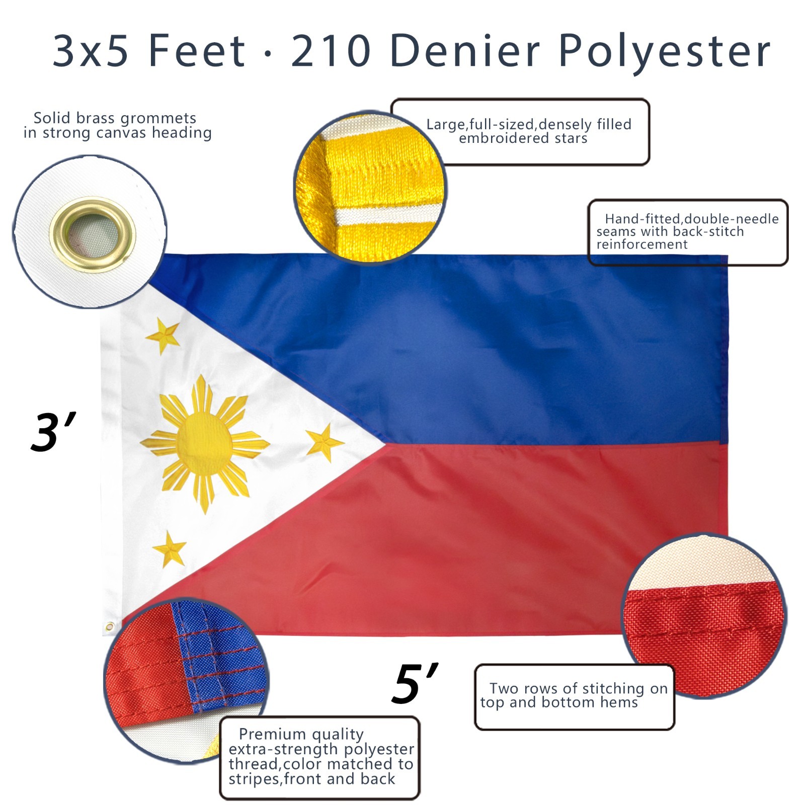 Anley Everstrong Philippines Flag 3×5 Ft Embroidered Filipino Philippine Banner