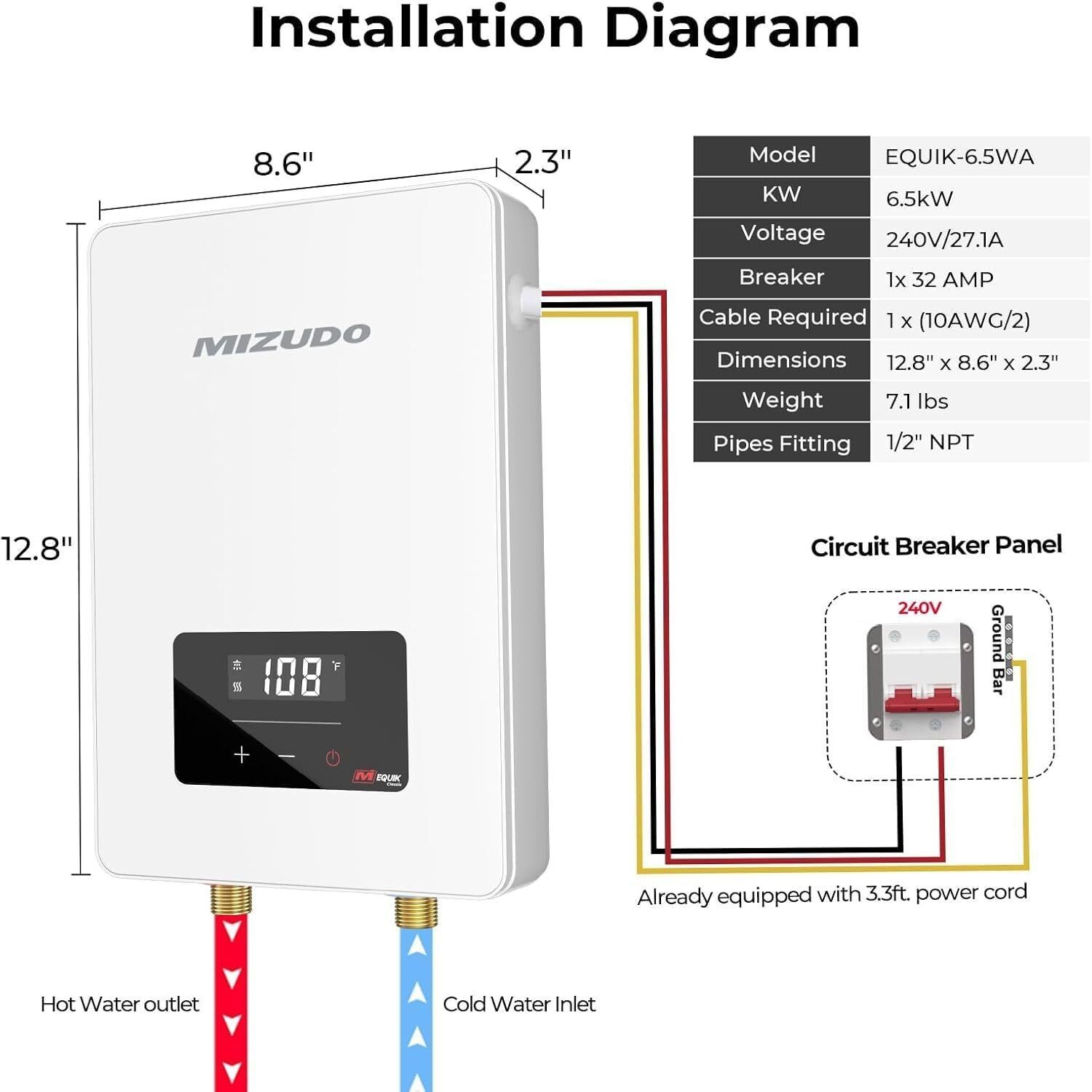 🔥MIZUDO 6.5/8/11/14/18/24/27kW Tankless Water Heater Electric ETL Certified