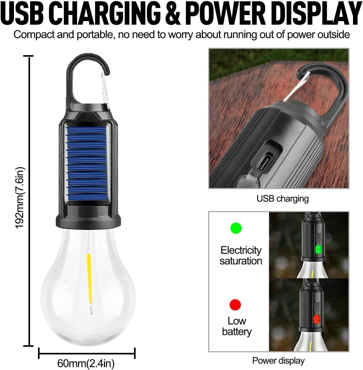 Solar Tent Lights Outdoor USB Rechargeable Led Camping Lantern Hanging Bulb Hook