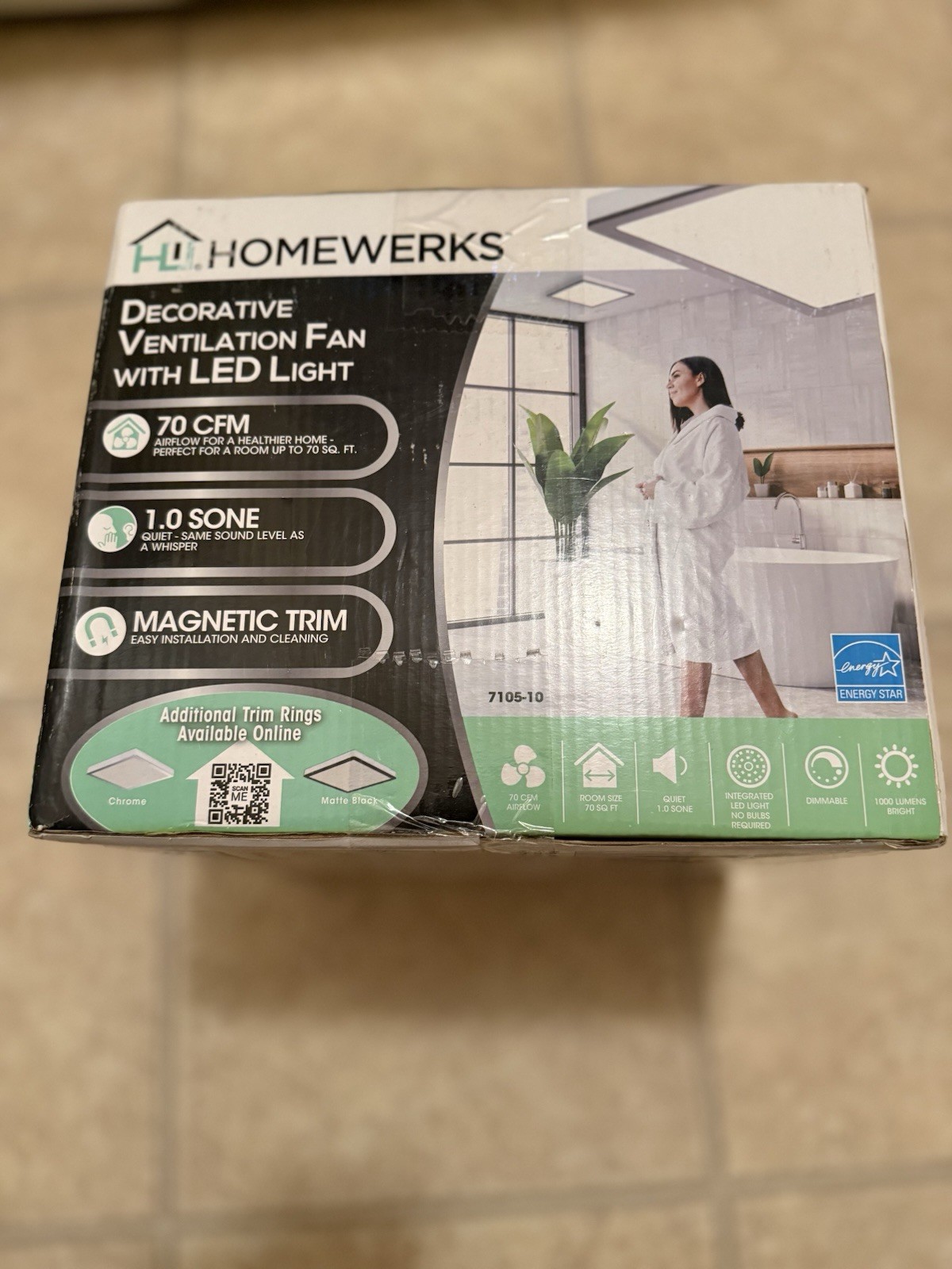 Homewerks 70 CFM Bathroom Exhaust Fan with LED Whisper Quiet 7105-10 New in Box