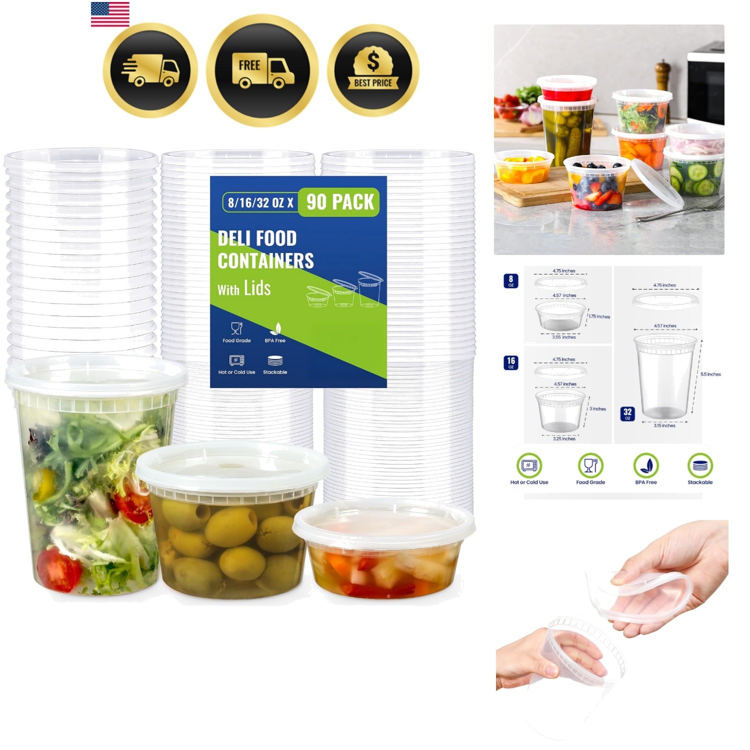 90 Sets Plastic Deli Containers With Lids, Assorted Sizes 8 oz 16oz 32oz Vari…
