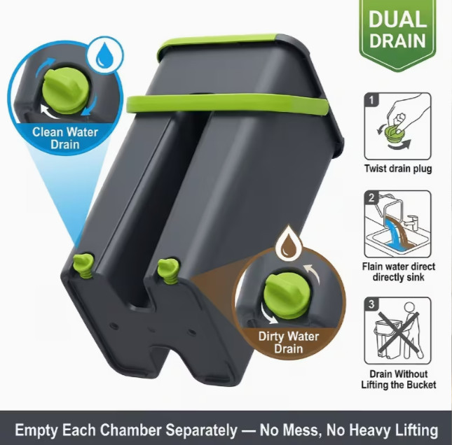 Flat Mop Bucket Set Hands Free Squeeze Floor Cleaning System 2 Microfiber Pad