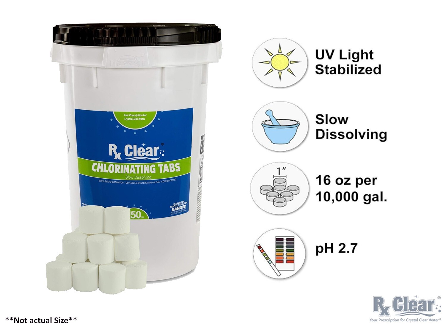 Rx Clear 1″ Inch 99% Trichloro Stabilized Swimming Pool Chlorine Tablets- 50 lbs