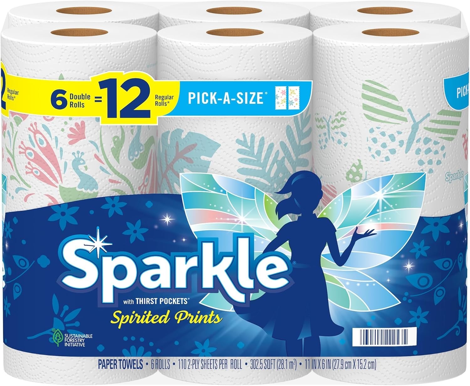 Sparkle Pick-A-Size Paper Towels Spirited Prints 6 Double Rolls = 12 Regular