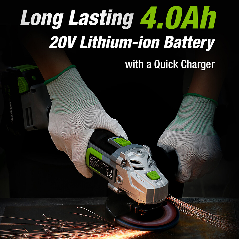 WORKPRO 20V Cordless Angle Grinder Kit w/ 4.0Ah Lithium-Ion Battery Fast Charger