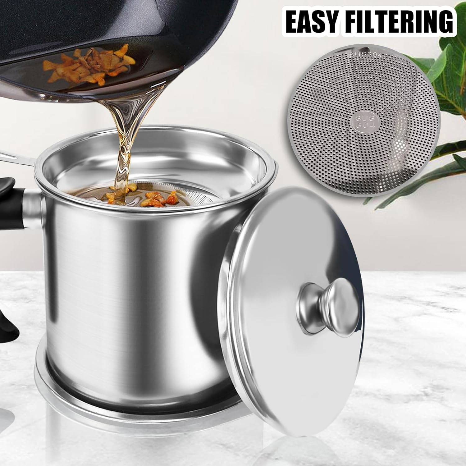 Bacon Grease Container With Strainer,1.3L(46 fl. oz.) Kitchen 1.3L, Silver