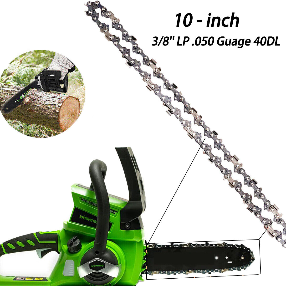 10-Inch Pole Saw Chain .050″ 3/8″ LP 40DL For Sun Joe/Greenworks/Worx/Ryobi etc.