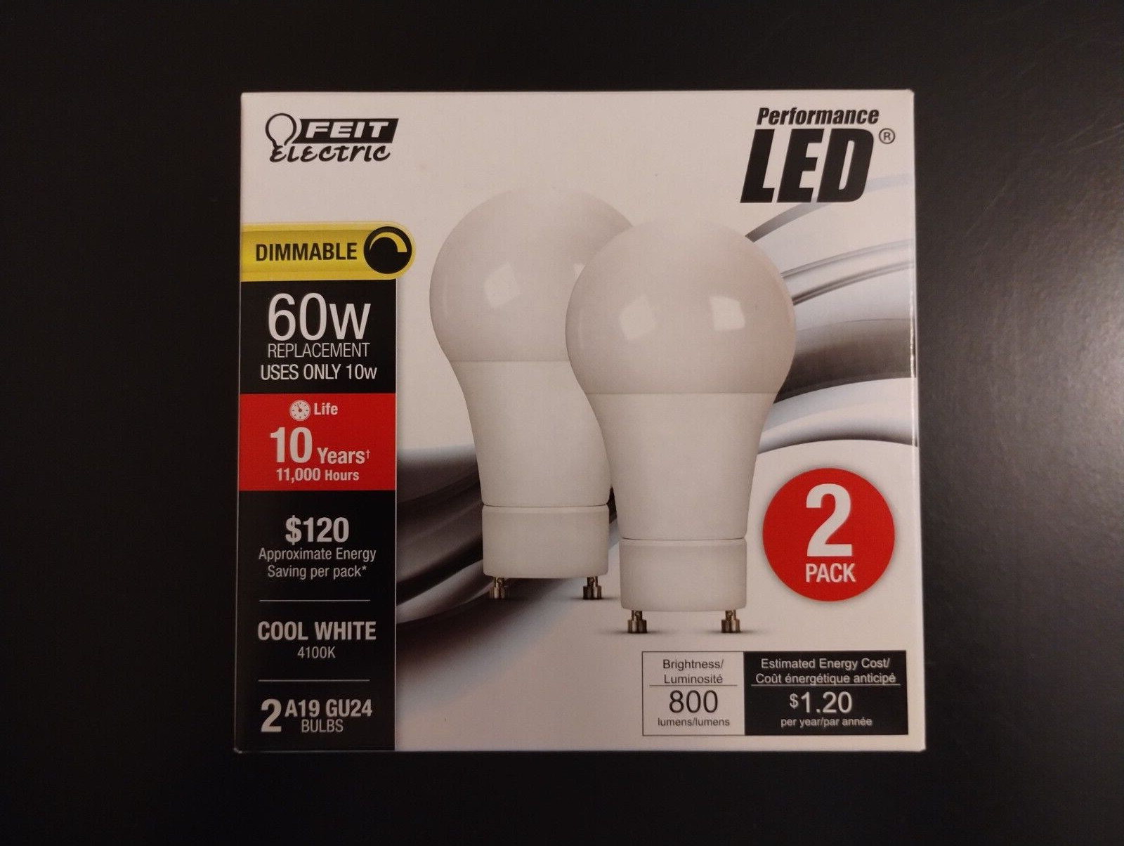 2 Pack – Feit Electric A19 GU24 2 PIN LED Dimmable 800 Lumens 10W/60W Equivalent
