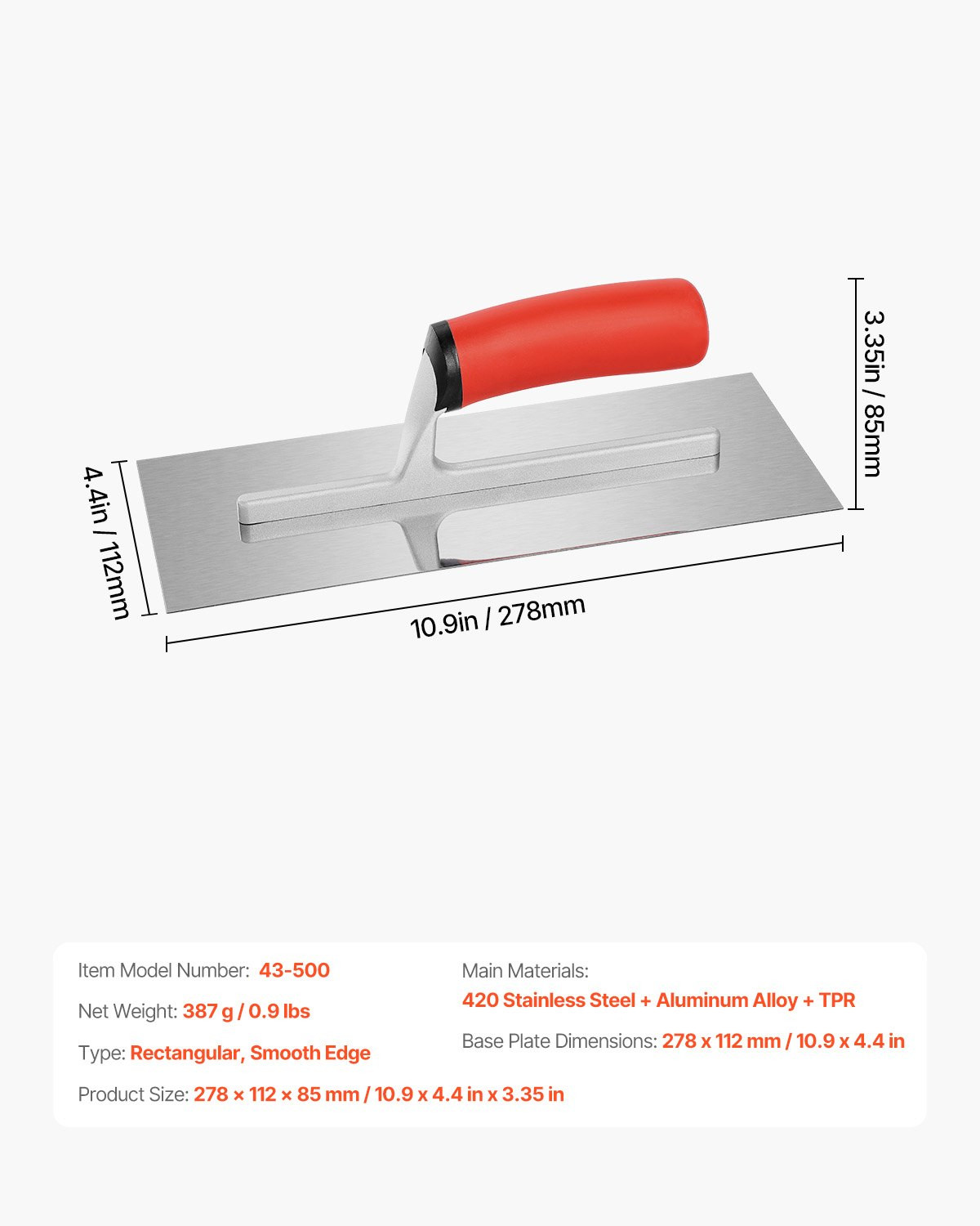 VEVOR Tile Tools, Stainless Steel Flat Finishing Trowel, 10.9 x 4.4 in Concrete