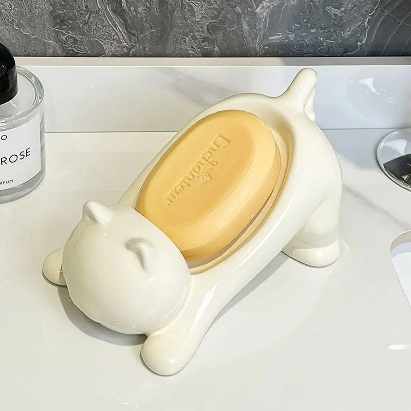 Cat Shape Soap Dish Holder Self Draining Plastic Soap Box Bathroom Accessories