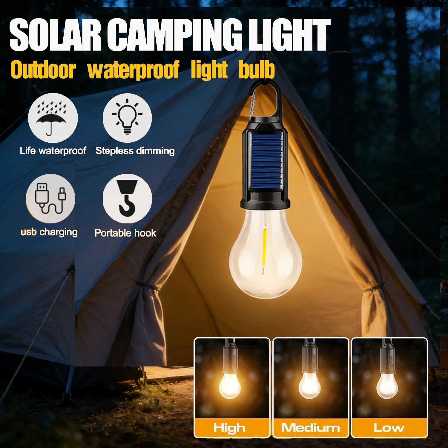 Solar Tent Lights Outdoor USB Rechargeable Led Camping Lantern Hanging Bulb Hook