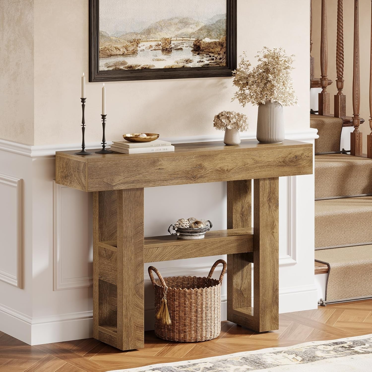 41.34” Farmhouse Console Table,2-Tier Narrow Wooden Entryway Table with Storage