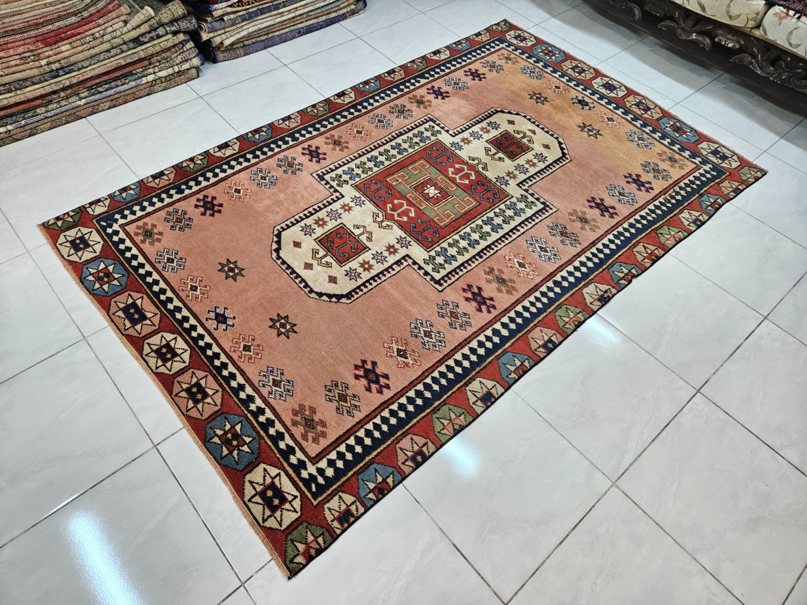 5.1 x 8.3 ft Medium Turkish Rug, Prayer Motif Area Carpet, Peach and Navy Rug