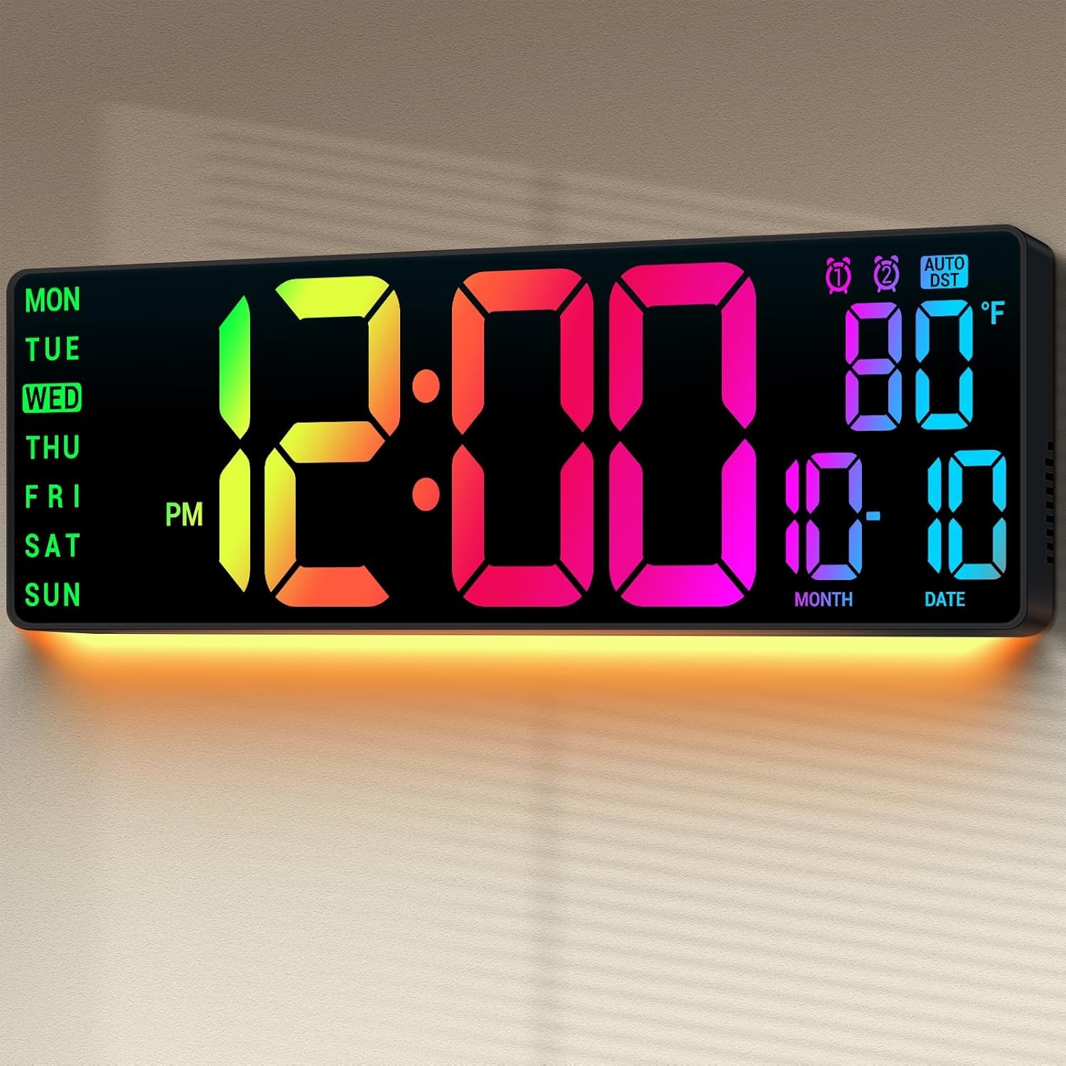 16.5″ Large Digital Wall Clock: 11 RGB Color LED Display with Remote Control, Au
