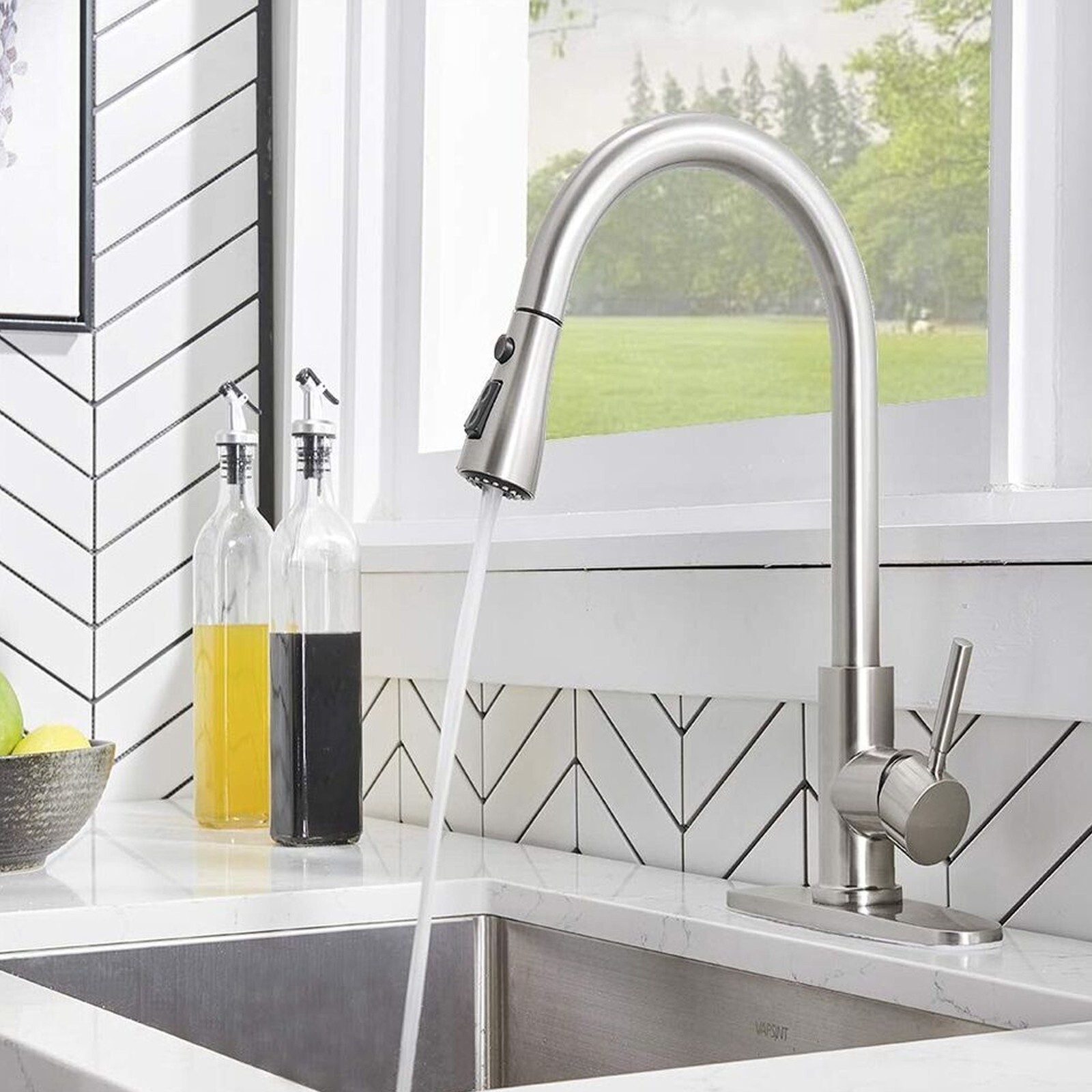 Commercial Kitchen Faucet Pull Down Sprayer Mixer Single Handle Stainless Steel