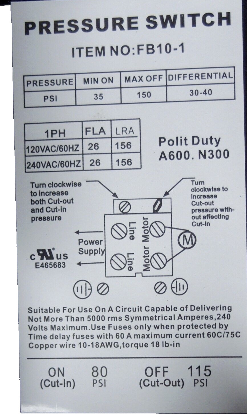 2-Pack Air Compressor Pressure Switch Replacement 4-Port 150PSI DPST