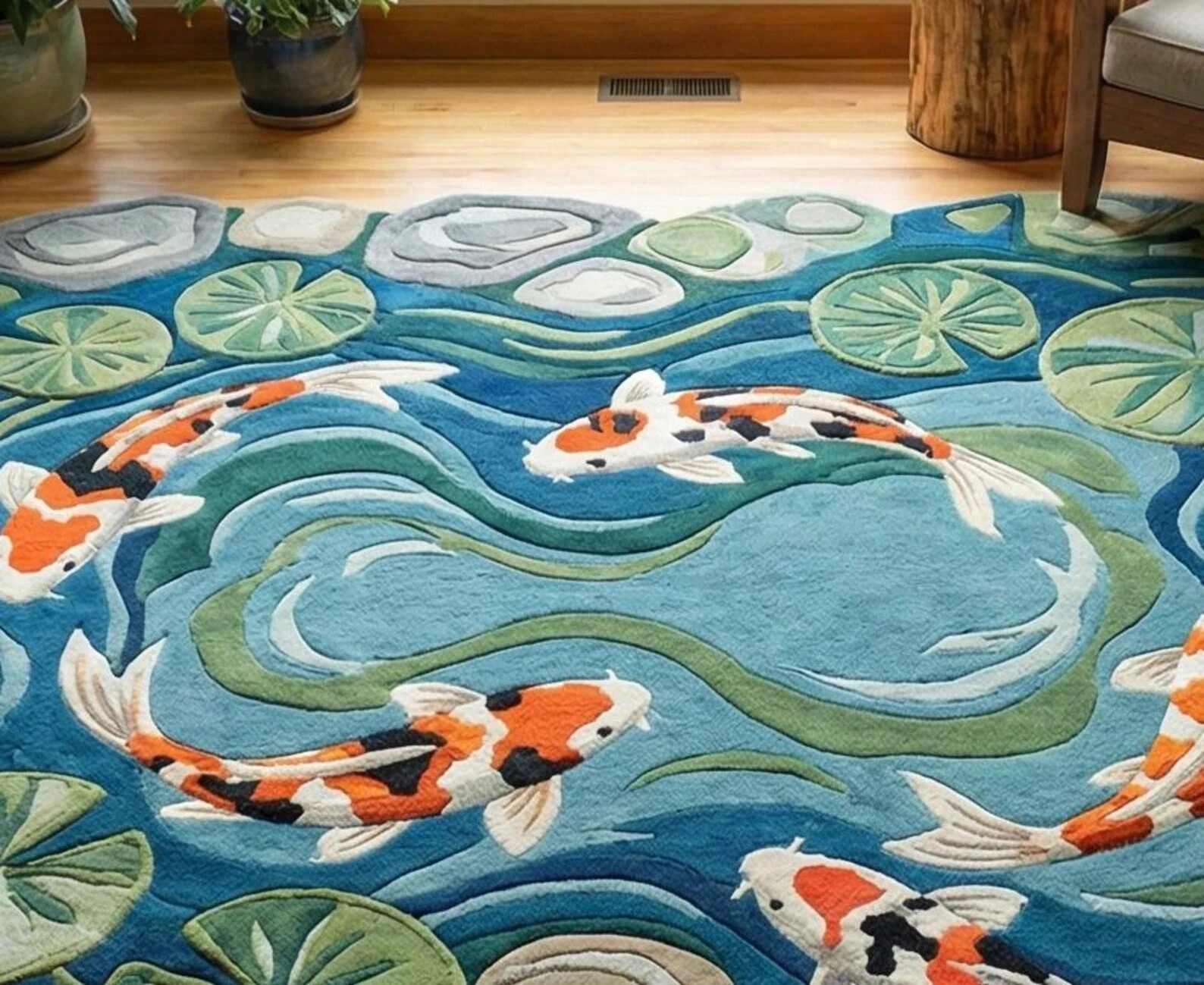 Hand Tufted Koi Fish Pond Rug – Round Artistic Area Rug – Japanese Style Water