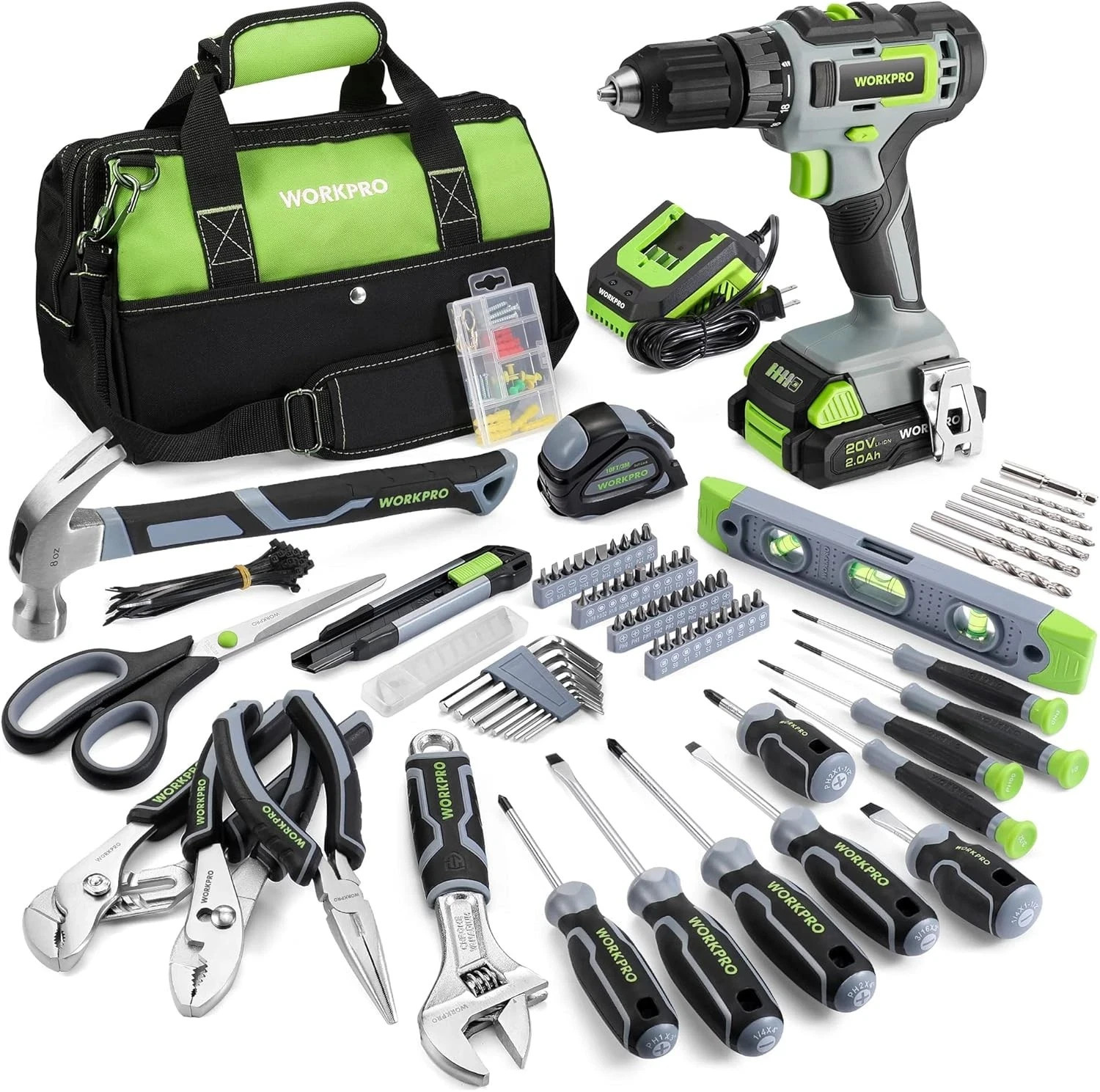 WORKPRO Home Tool Set with 20V Cordless Drill, Household Repairing Tool Kit | Gr