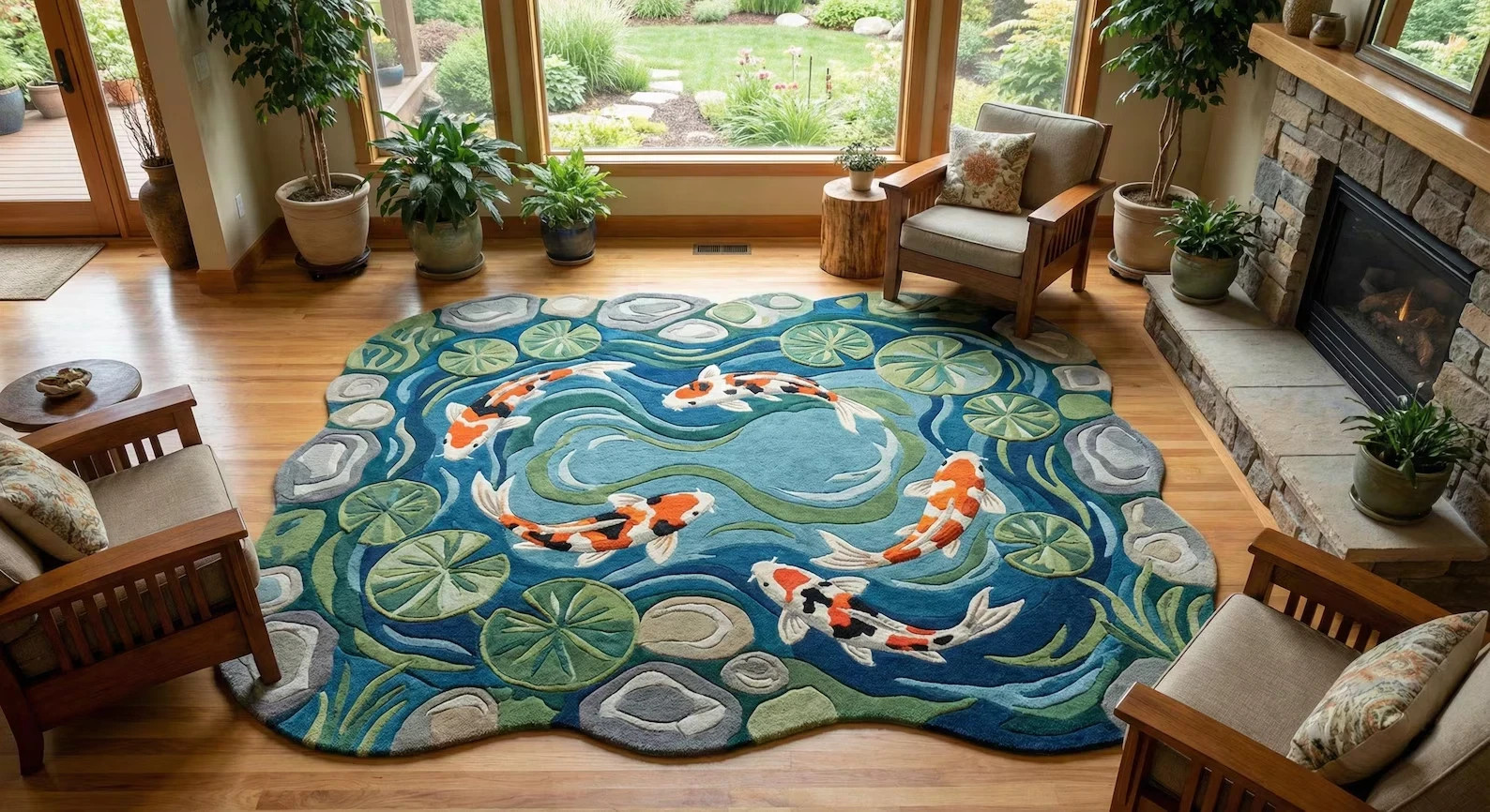Hand Tufted Koi Fish Pond Rug – Round Artistic Area Rug – Japanese Style Water